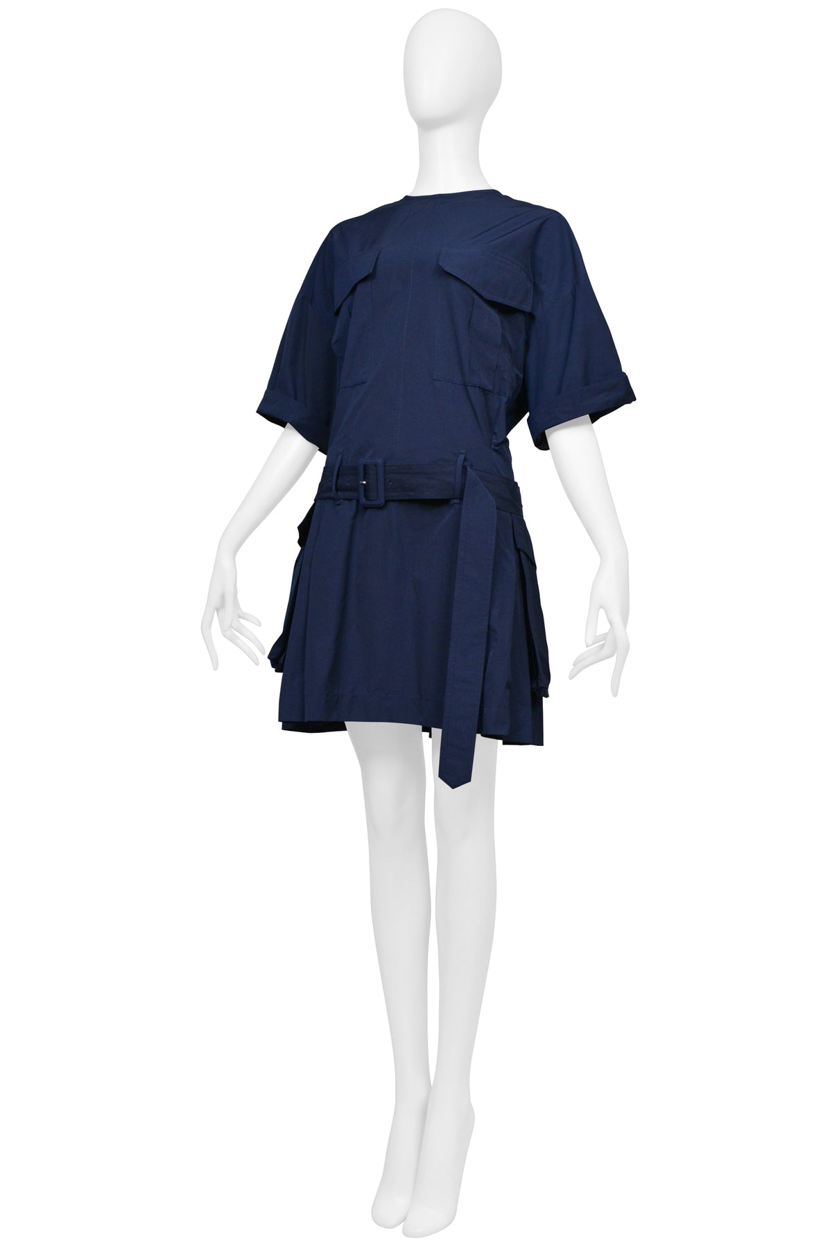 DRIES VAN NOTEN POPLIN NAVY DAY DRESS WITH BELT