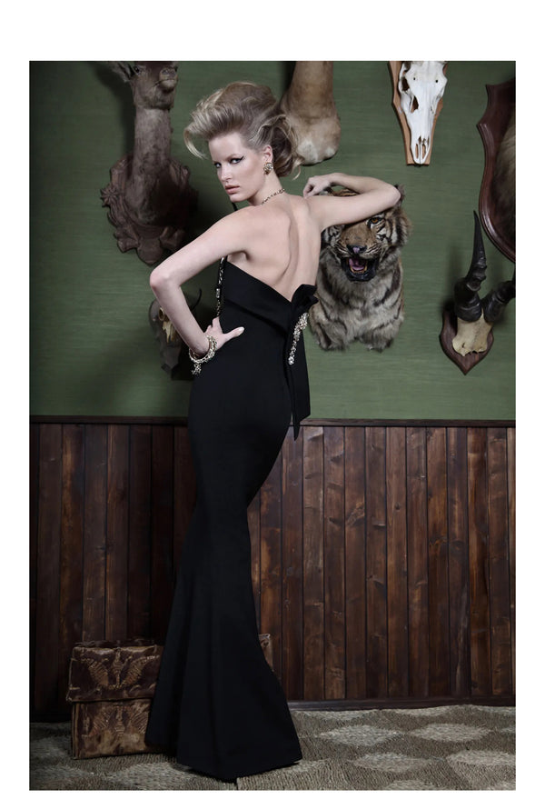 DSQUARED BLACK STRAPLESS EVENING GOWN WITH BOW 2014