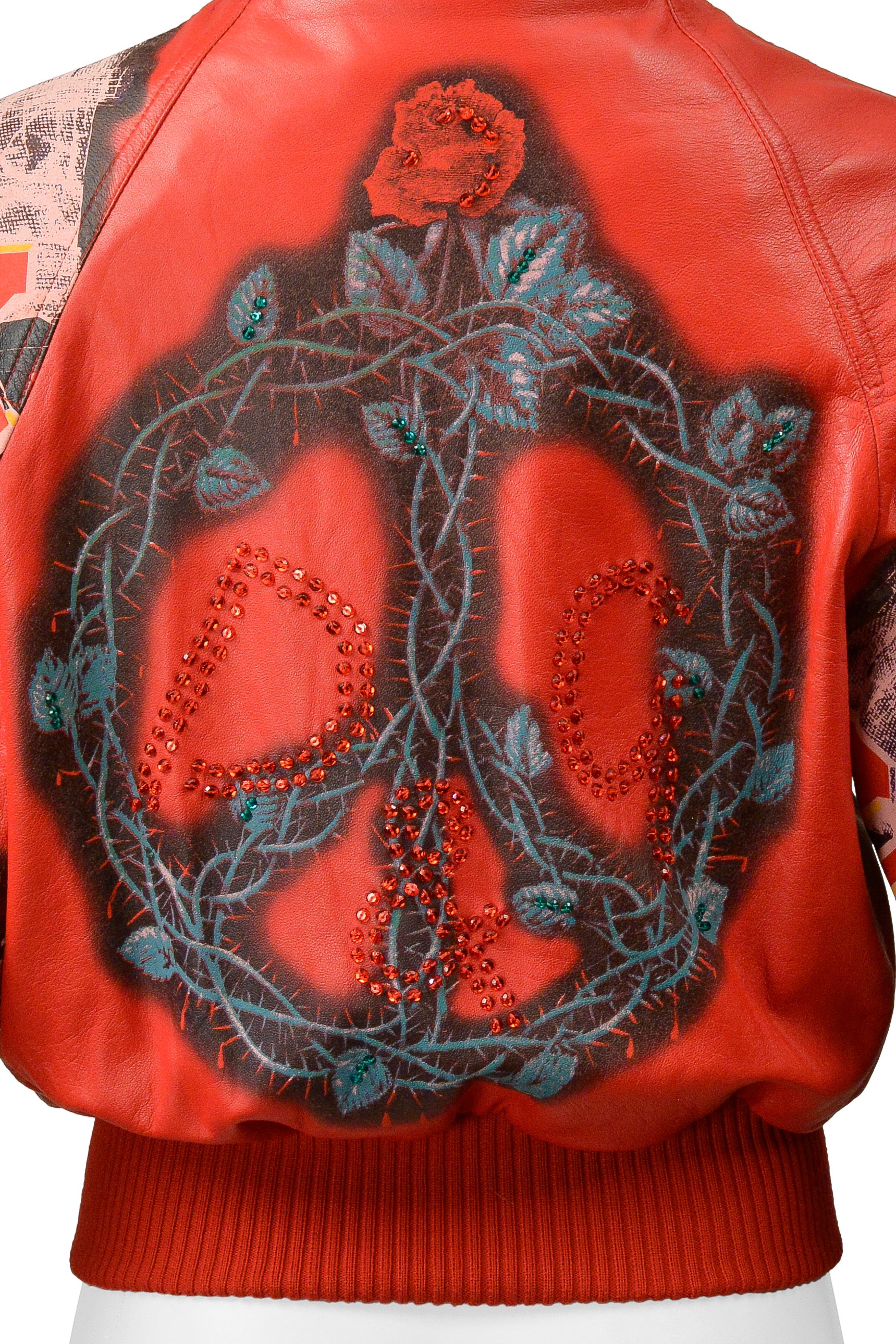 DOLCE & GABBANA D & G RED LEATHER BOMBER JACKET WITH FAUX BAND GRAPHICS 2001