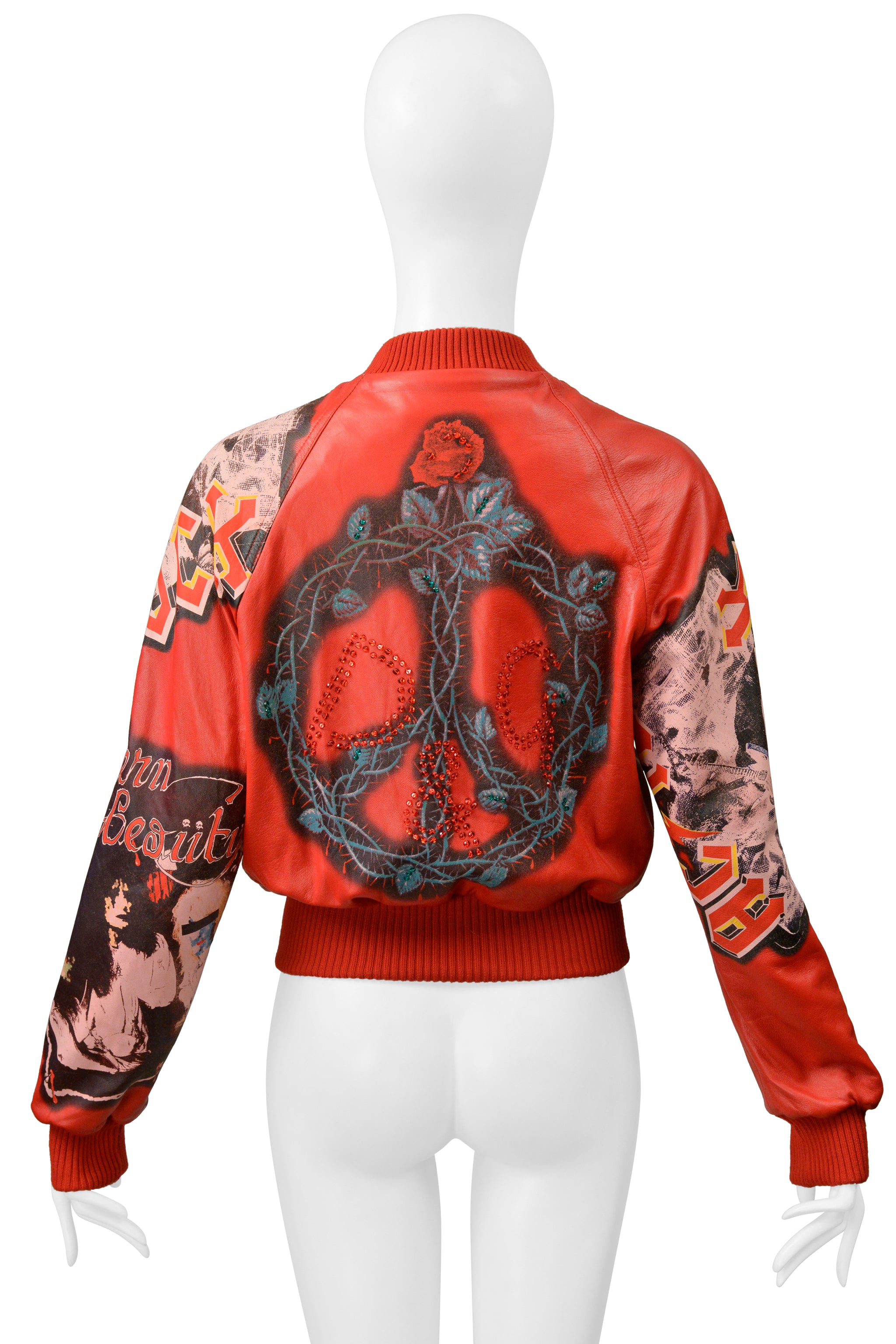 DOLCE & GABBANA D & G RED LEATHER BOMBER JACKET WITH FAUX BAND GRAPHICS 2001
