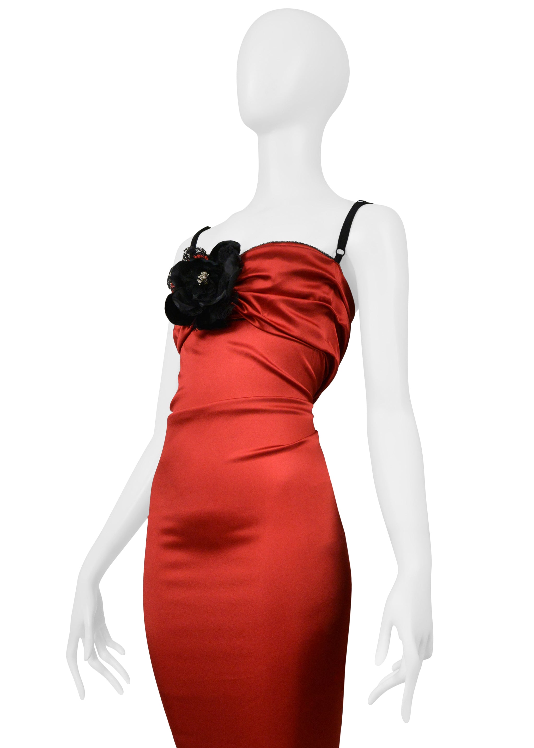 DOLCE & GABBANA D&G RED SATIN DRESS WITH BLACK LACE CAMELLIA FLOWER AND TRIM