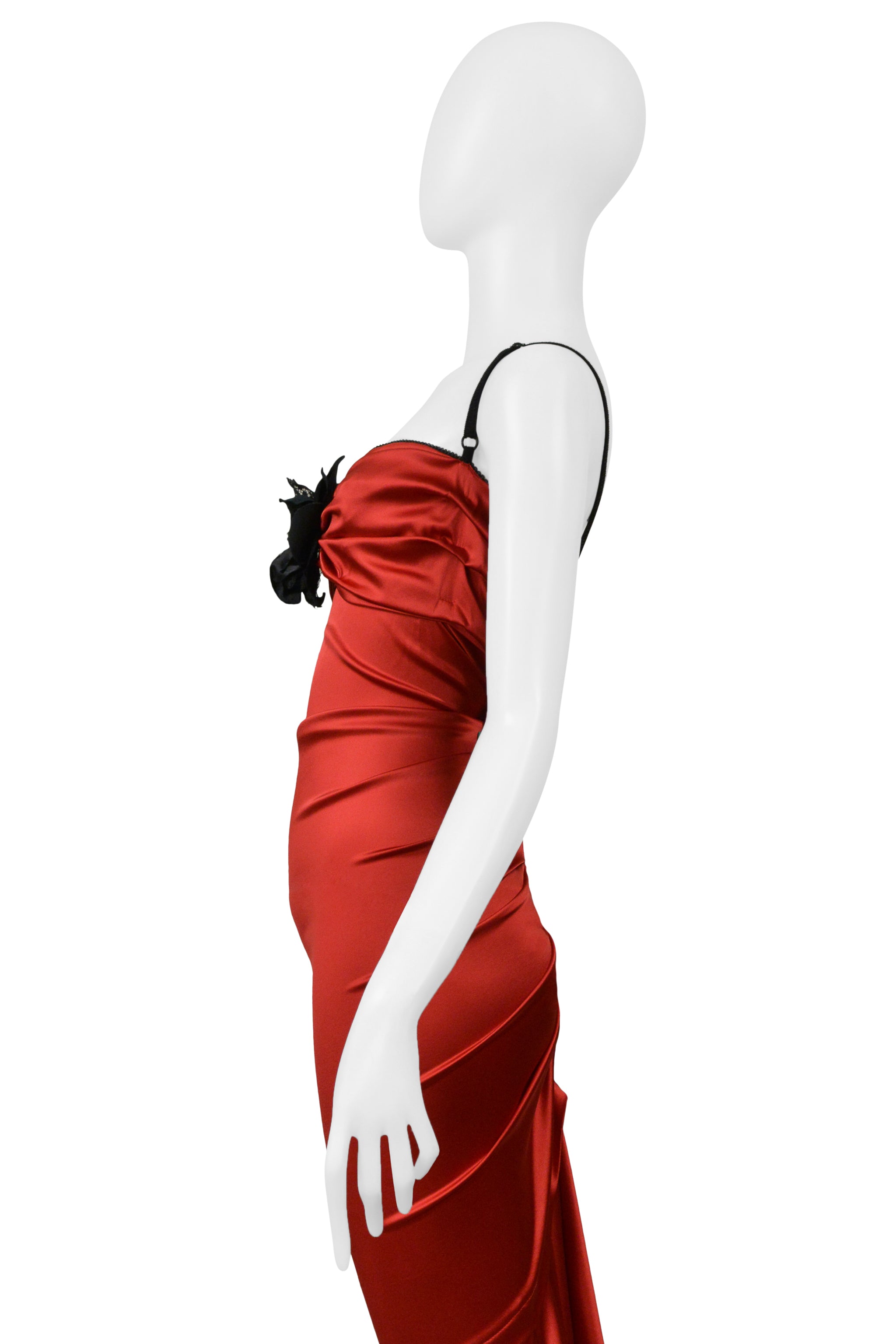 DOLCE & GABBANA D&G RED SATIN DRESS WITH BLACK LACE CAMELLIA FLOWER AND TRIM