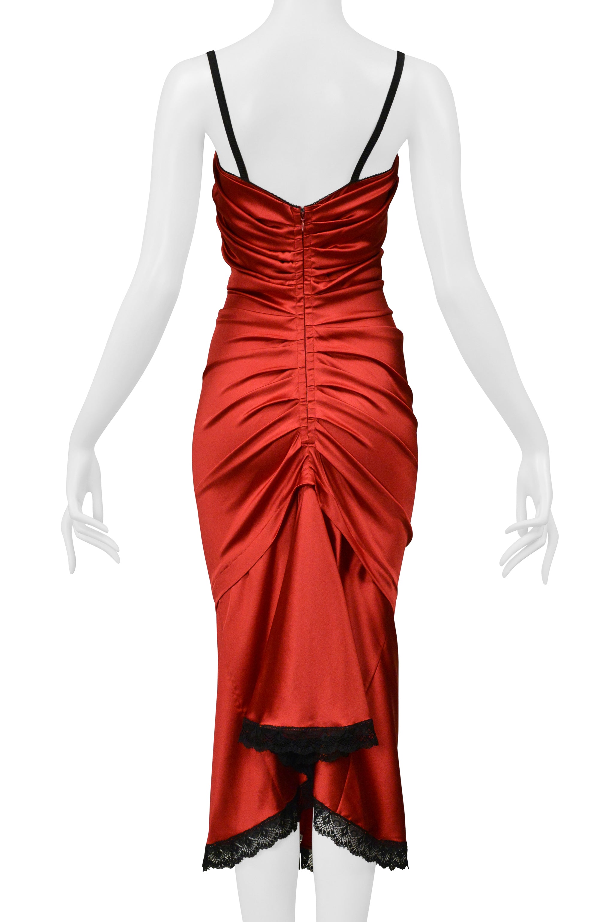 DOLCE & GABBANA D&G RED SATIN DRESS WITH BLACK LACE CAMELLIA FLOWER AND TRIM