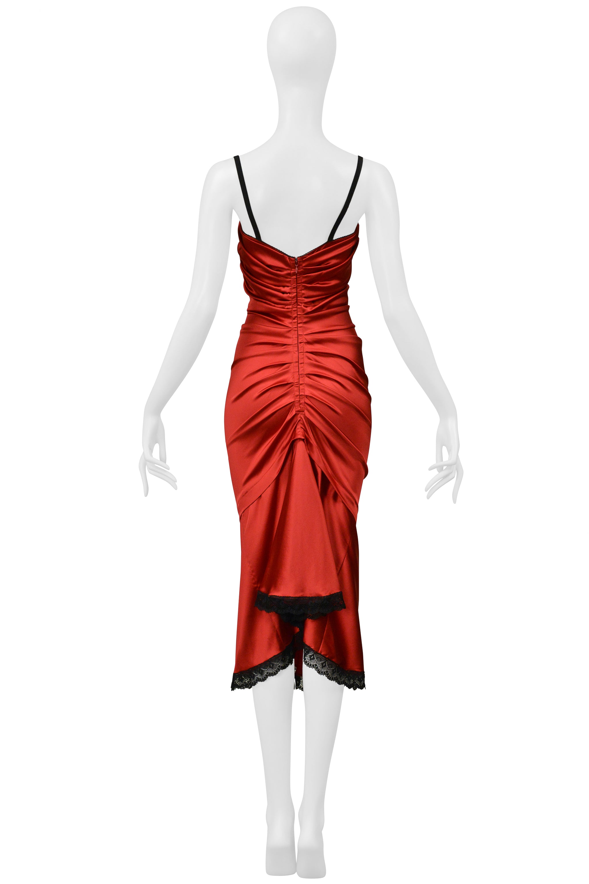 DOLCE & GABBANA D&G RED SATIN DRESS WITH BLACK LACE CAMELLIA FLOWER AND TRIM