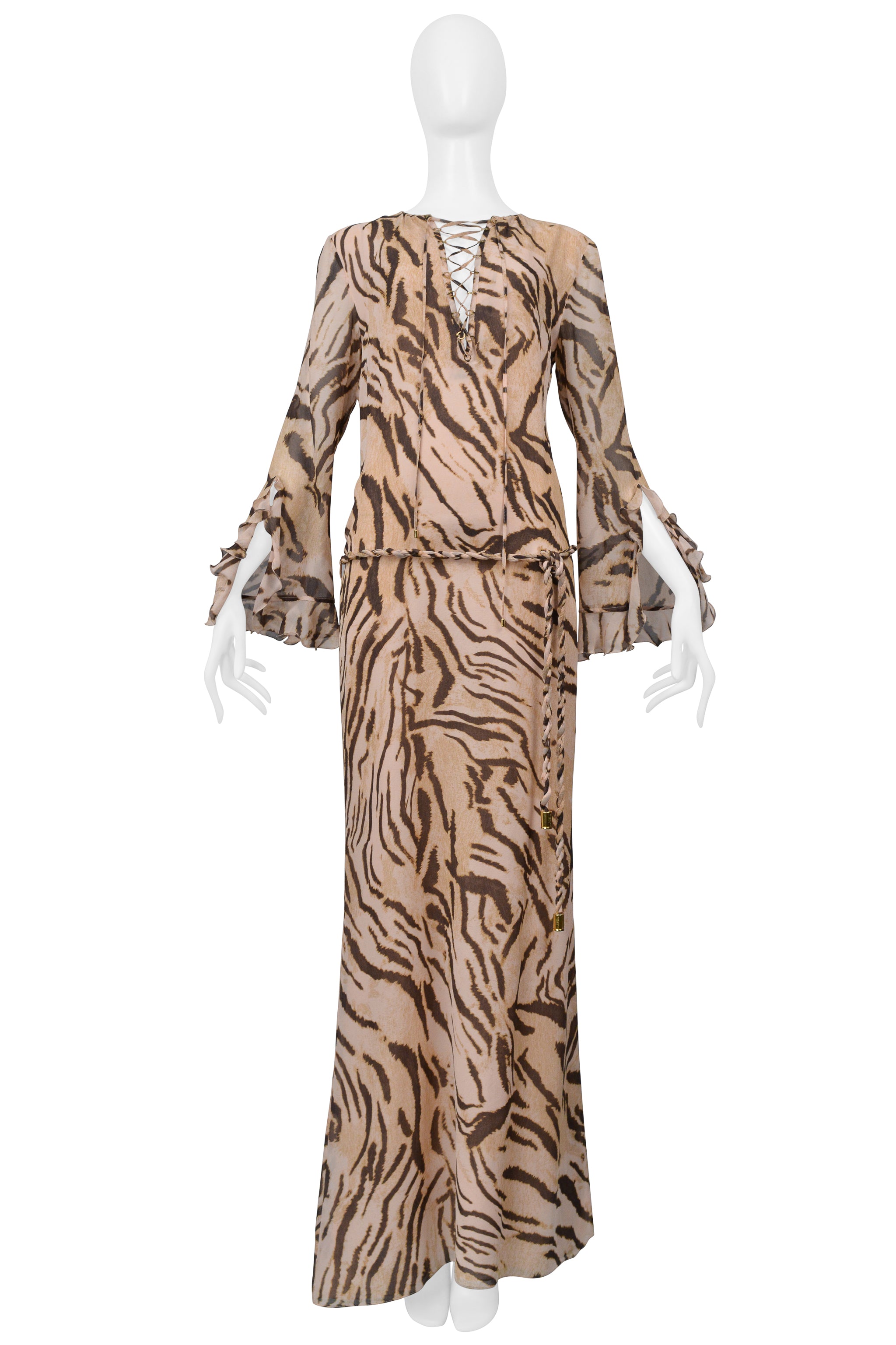 UNGARO BY GIAMBATTISTA VALLI SILK ANIMAL PRINT CAFTAN DRESS WITH RUFFLES