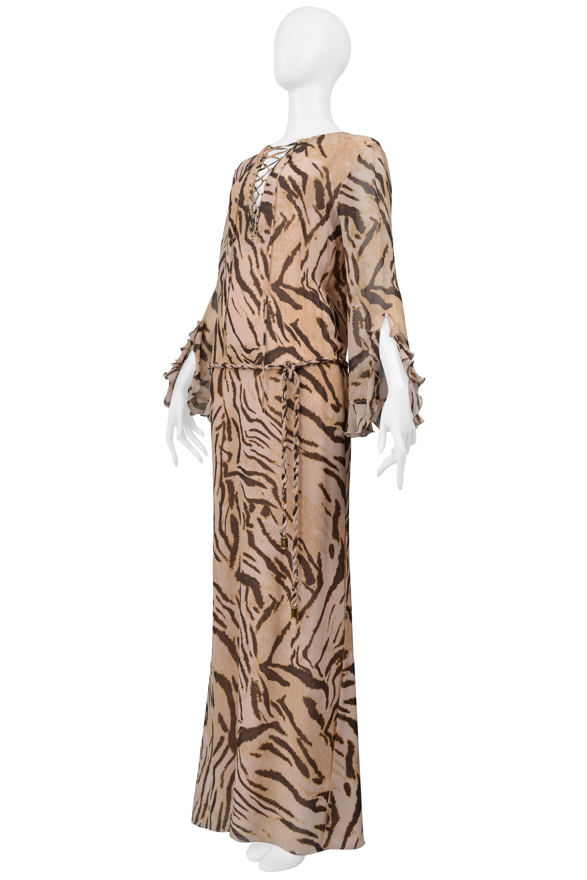 UNGARO BY GIAMBATTISTA VALLI SILK ANIMAL PRINT CAFTAN DRESS WITH RUFFLES