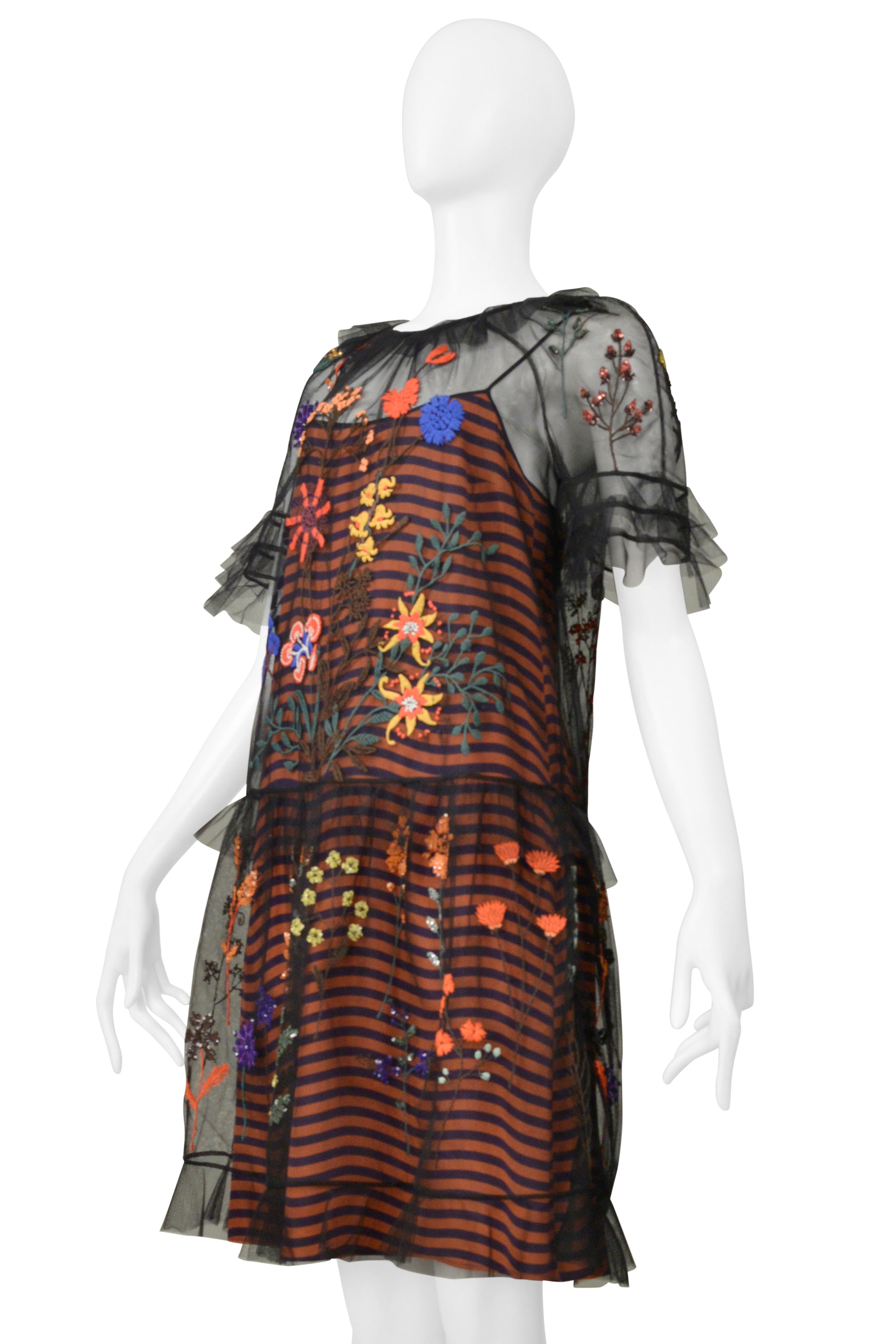 FENDI ORANGE & NAVY STRIPE DRESS WITH BLACK EMBROIDERED MESH OVERLAY 2016