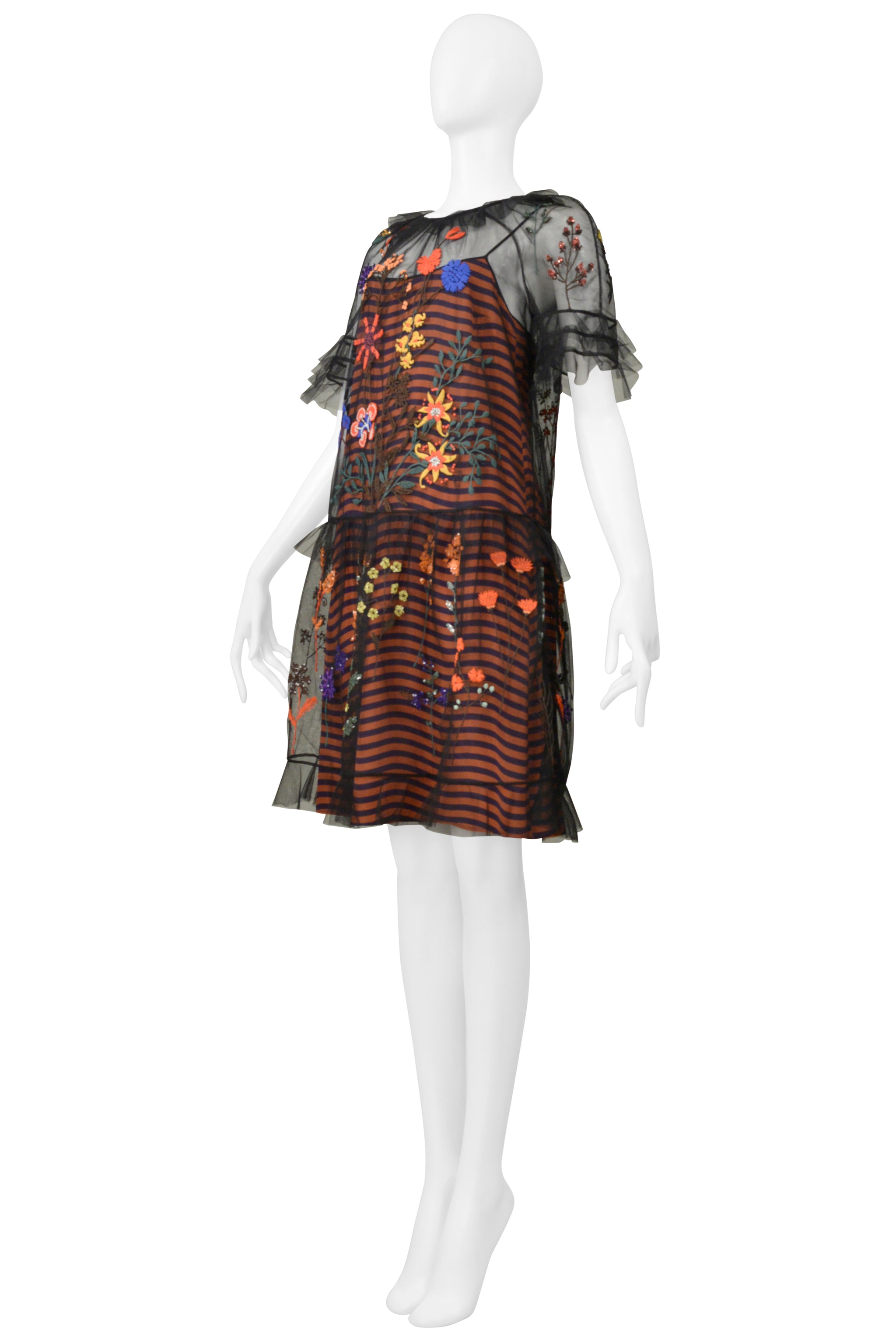 FENDI ORANGE & NAVY STRIPE DRESS WITH BLACK EMBROIDERED MESH OVERLAY 2016