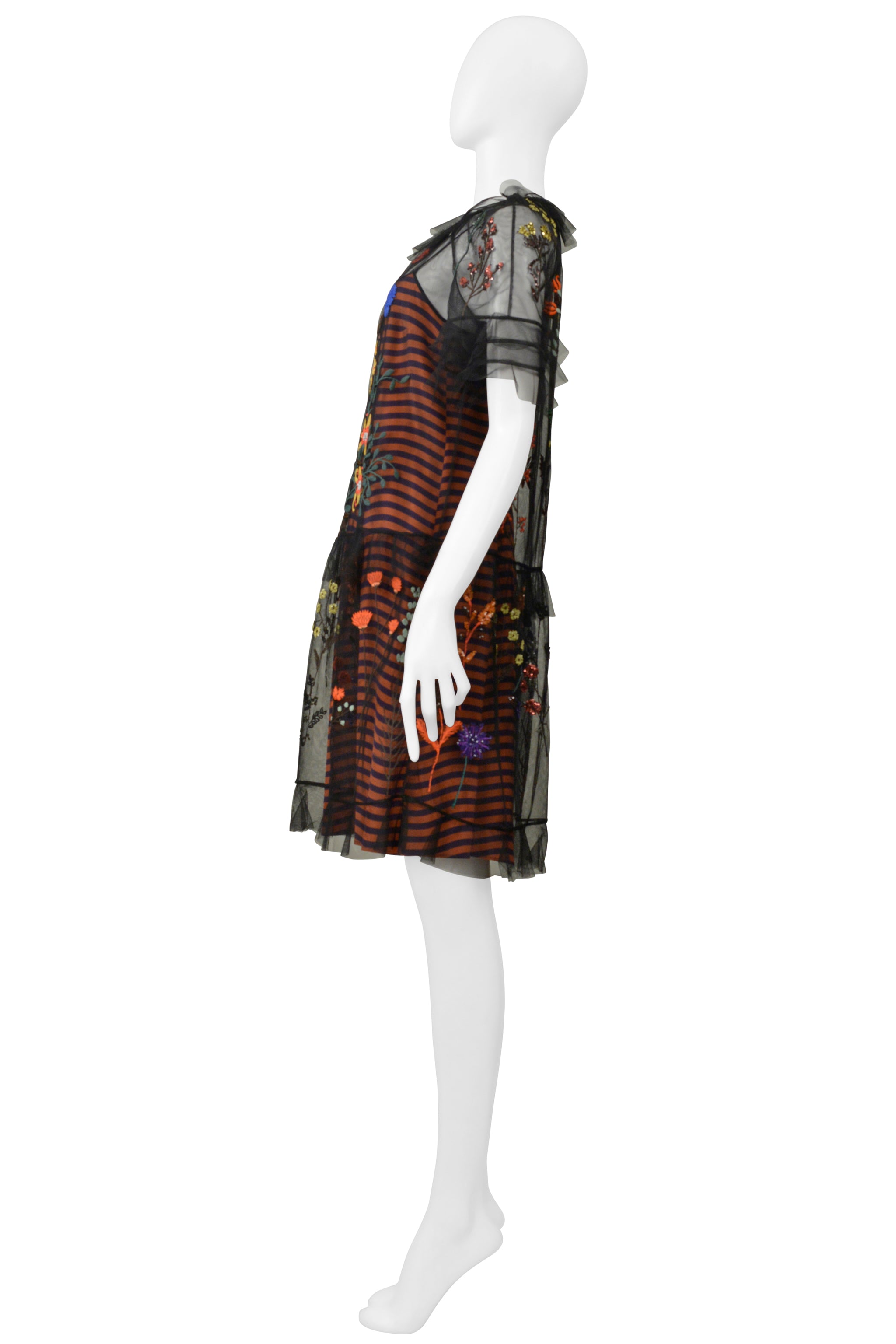 FENDI ORANGE & NAVY STRIPE DRESS WITH BLACK EMBROIDERED MESH OVERLAY 2016