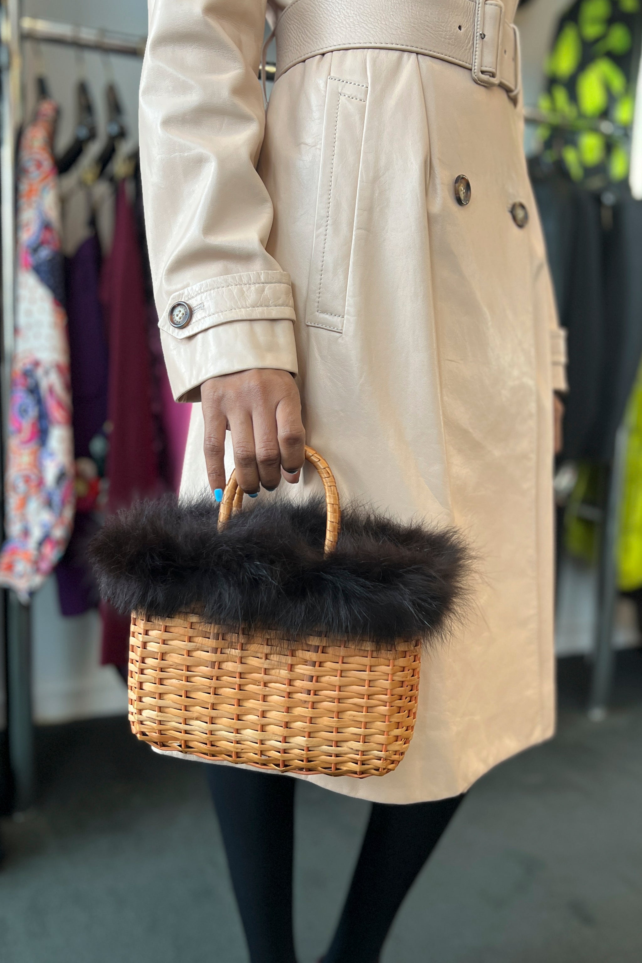 FENDI BLACK FUR WOVEN BAG