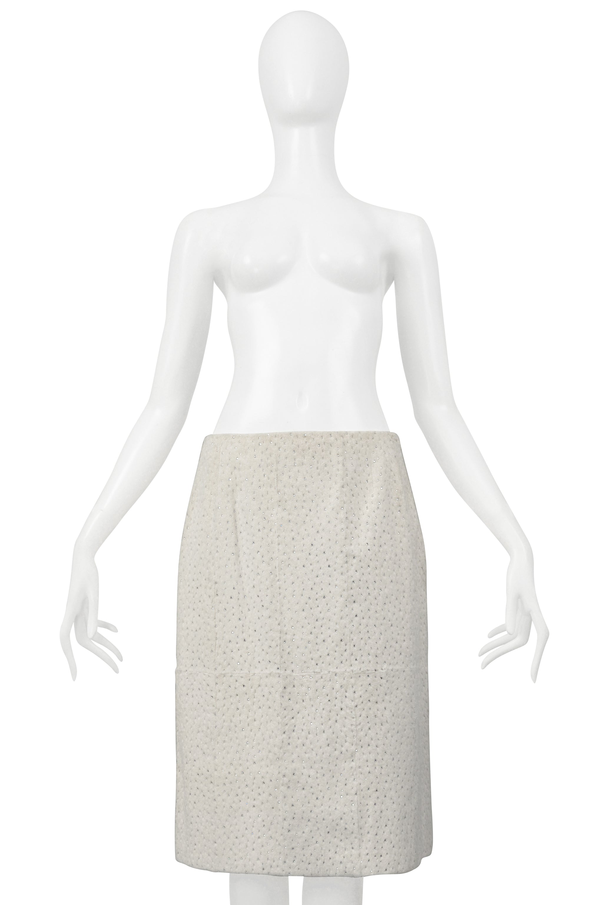 FENDI BY KARL LAGERFELD WHITE FUR SKIRT WITH SWAROVSKI CRYSTALS 1999