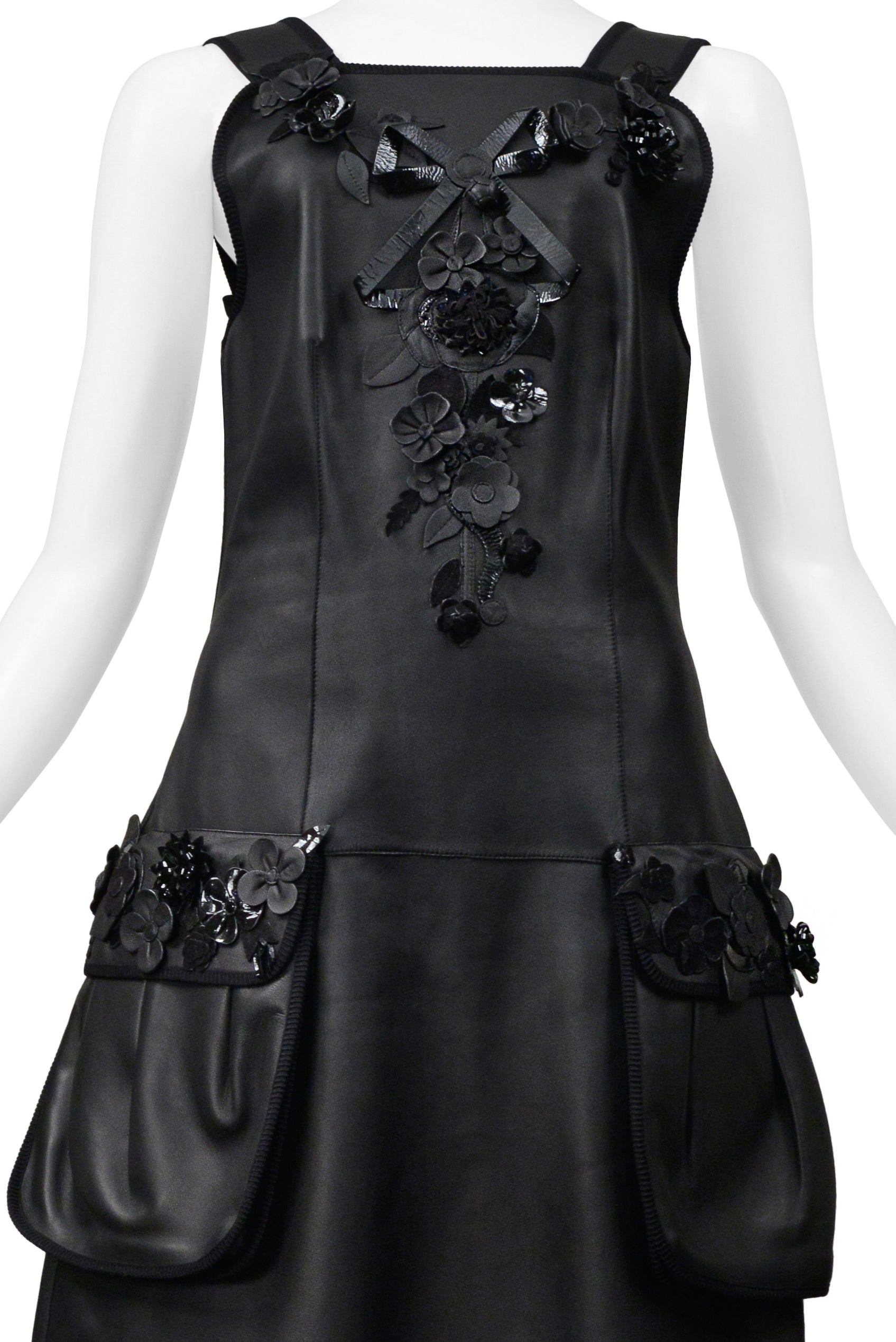 FENDI BY KARL LAGERFELD BLACK LEATHER DRESS WITH FLORAL APPLIQUE 2017