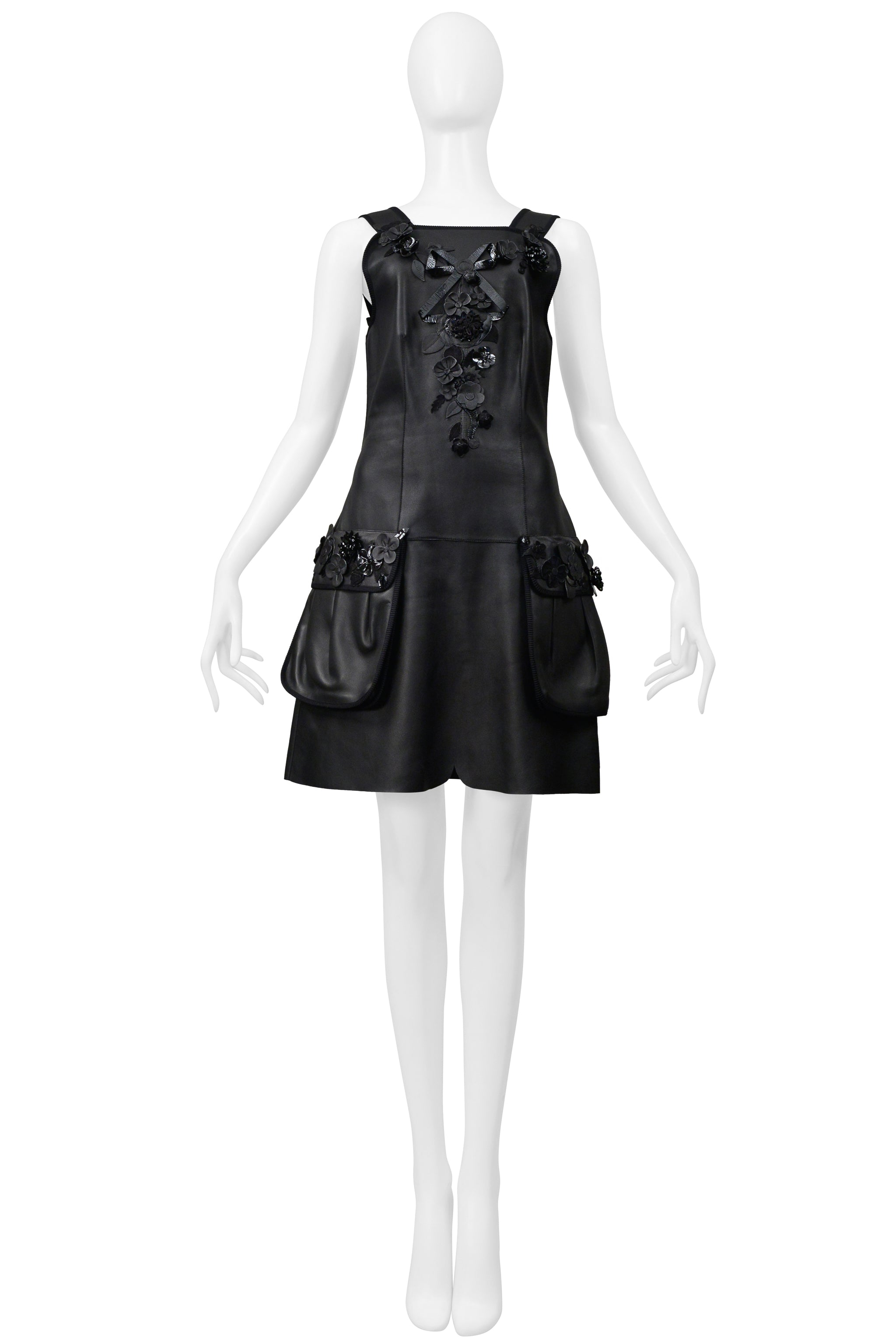 FENDI BY KARL LAGERFELD BLACK LEATHER DRESS WITH FLORAL APPLIQUE 2017