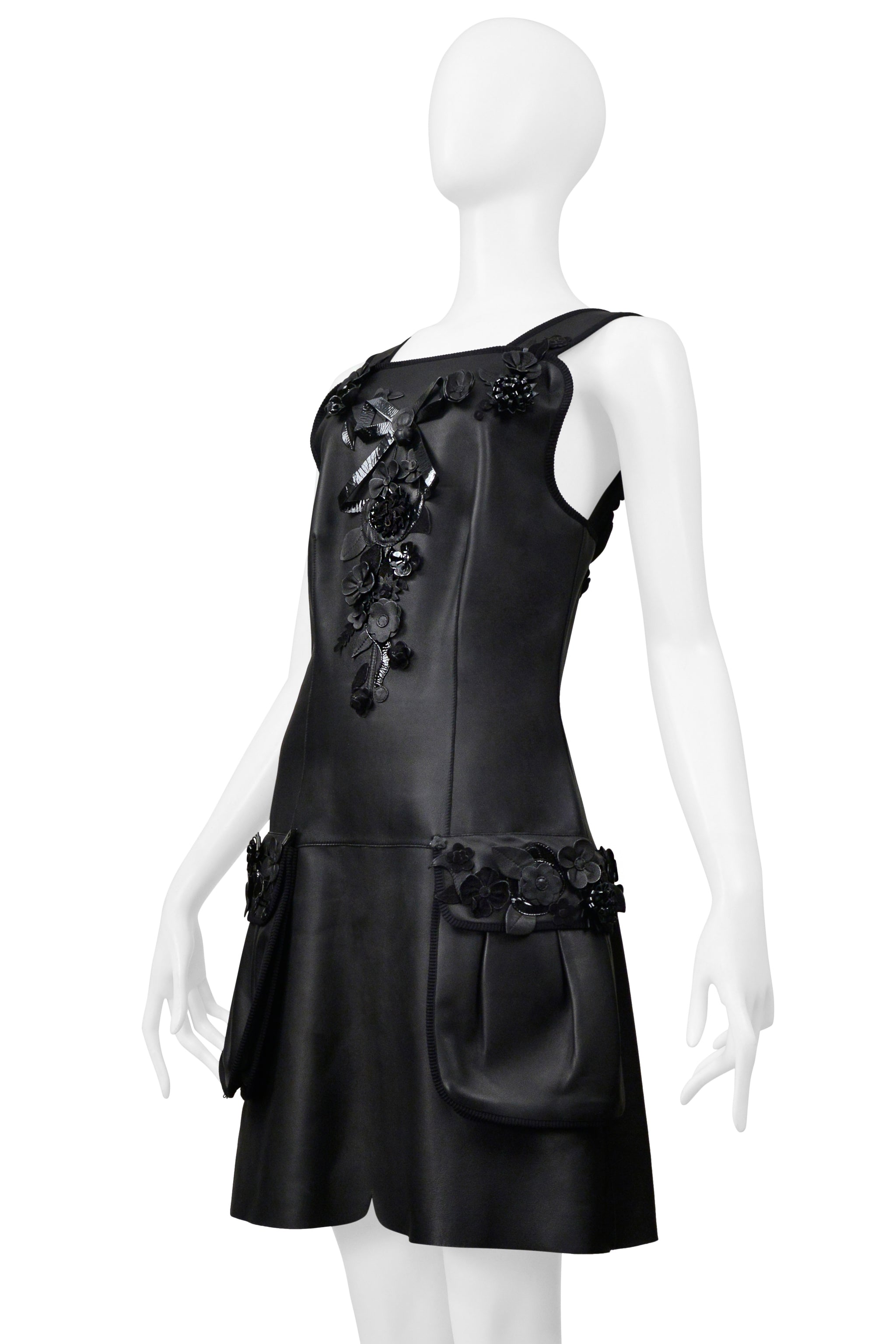 FENDI BY KARL LAGERFELD BLACK LEATHER DRESS WITH FLORAL APPLIQUE 2017