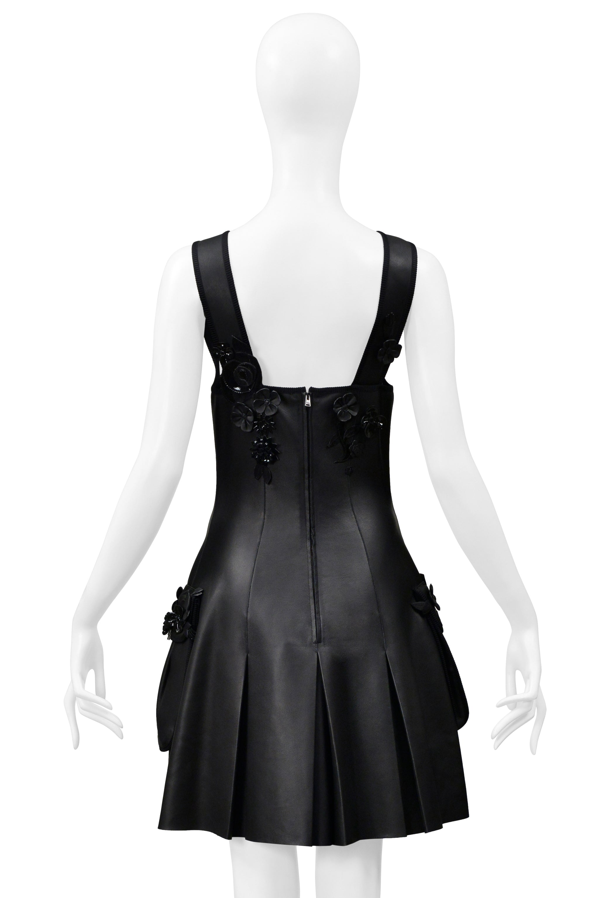 FENDI BY KARL LAGERFELD BLACK LEATHER DRESS WITH FLORAL APPLIQUE 2017