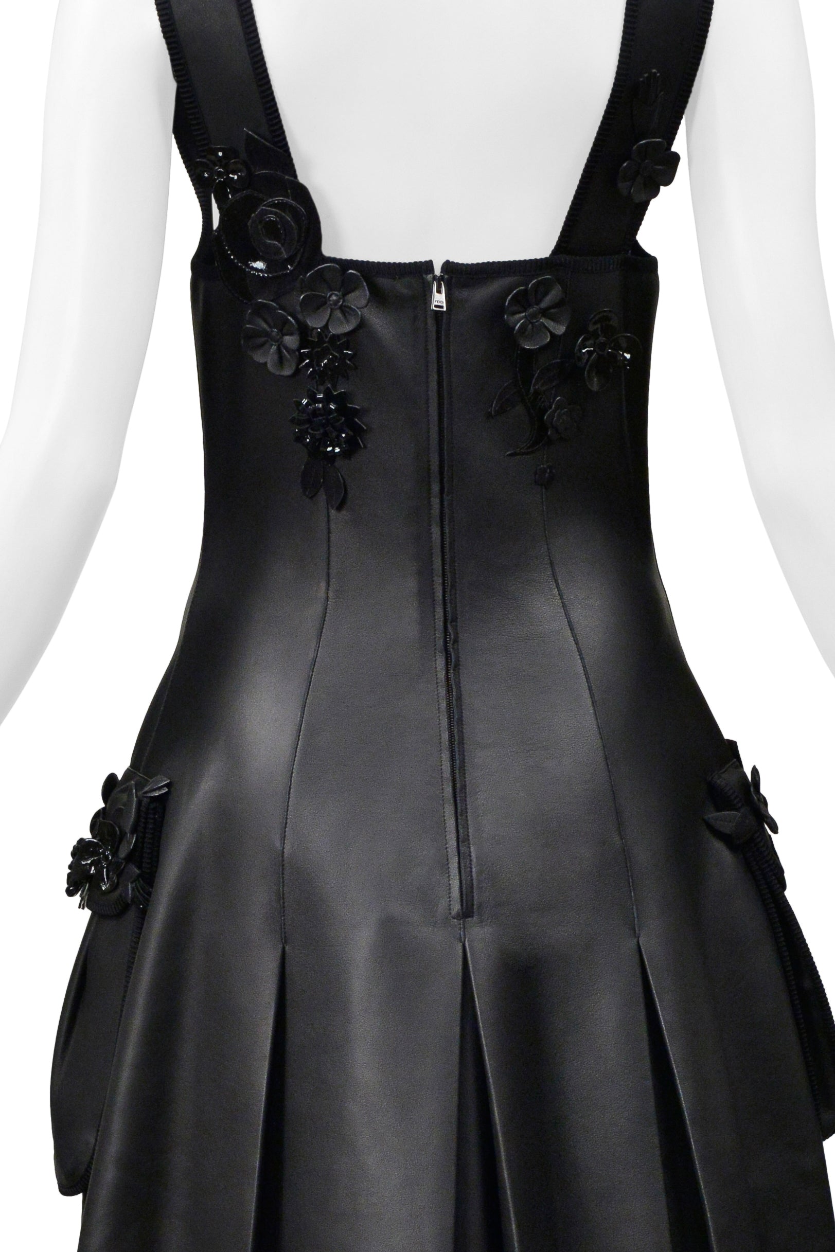 FENDI BY KARL LAGERFELD BLACK LEATHER DRESS WITH FLORAL APPLIQUE 2017