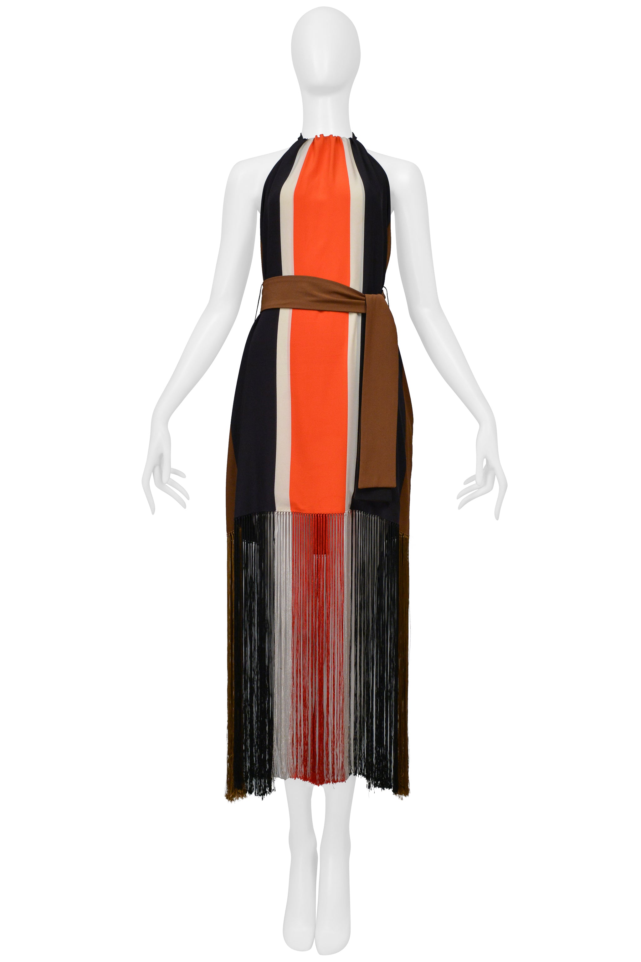 FENDI RED WHITE NAVY AND BLACK STRIPE HALTER DRESS WITH FRINGE 2014