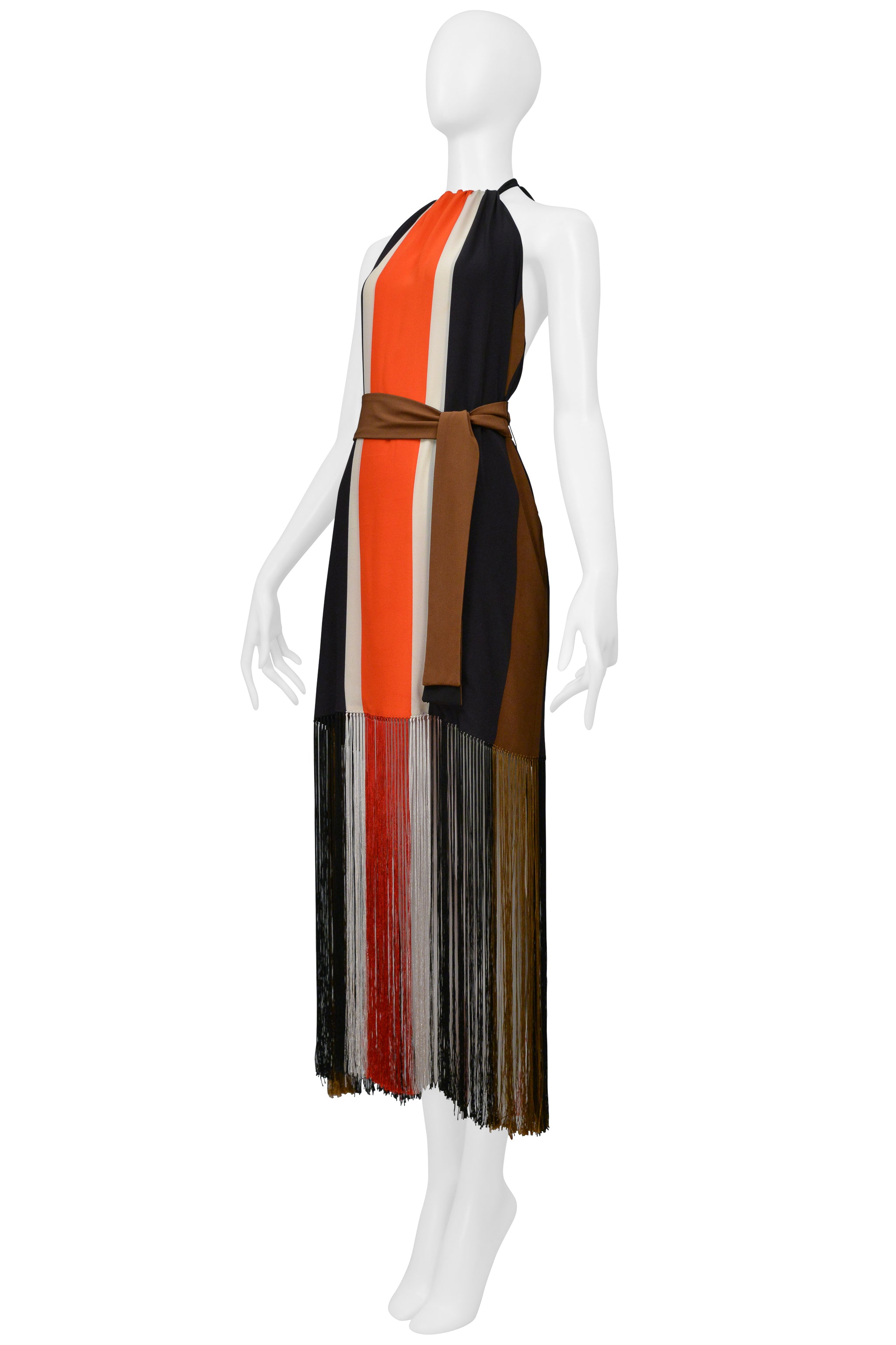 FENDI RED WHITE NAVY AND BLACK STRIPE HALTER DRESS WITH FRINGE 2014