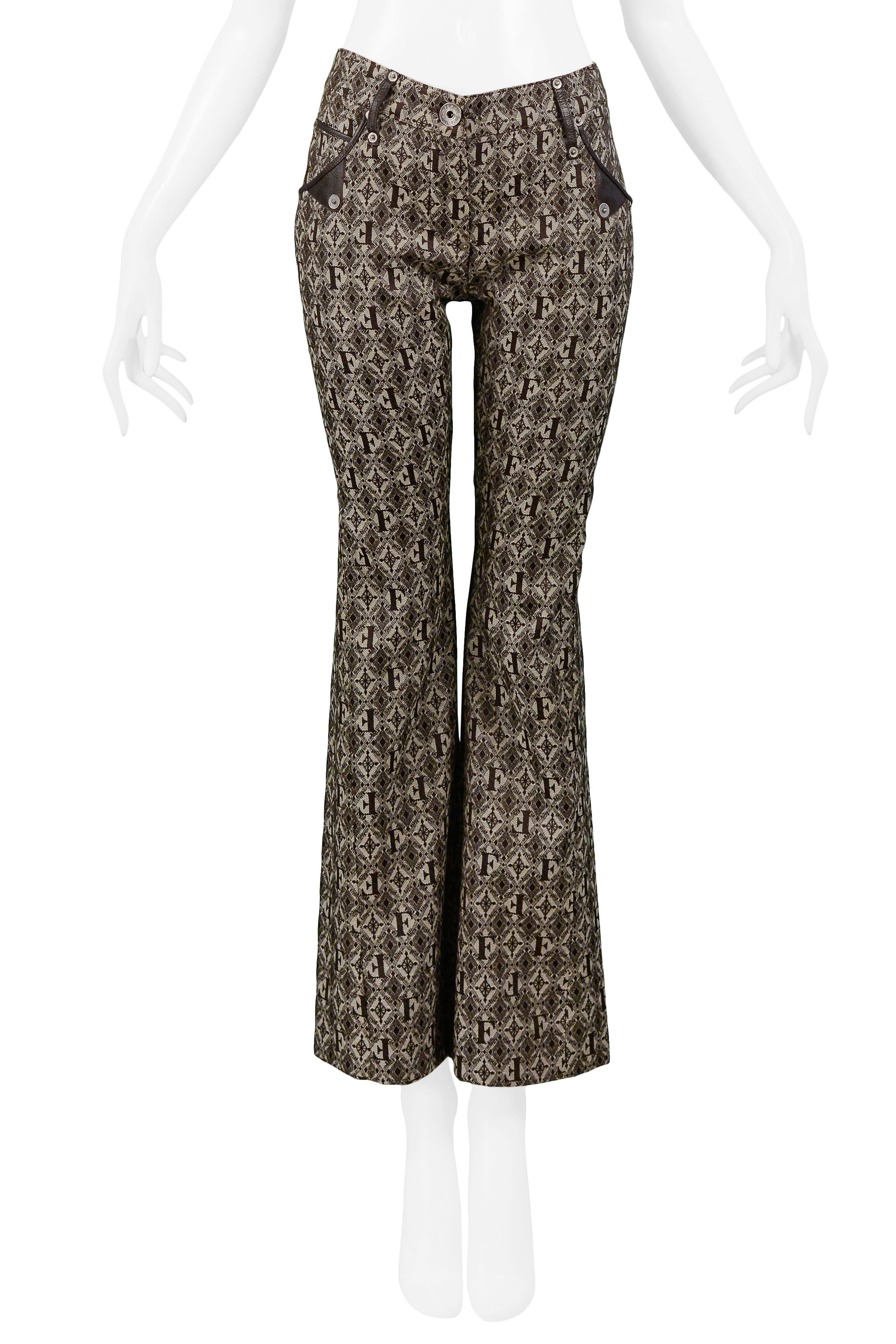 GIANFRANCO FERRE BROWN LOGO PANTS WITH LEATHER TRIM 2006