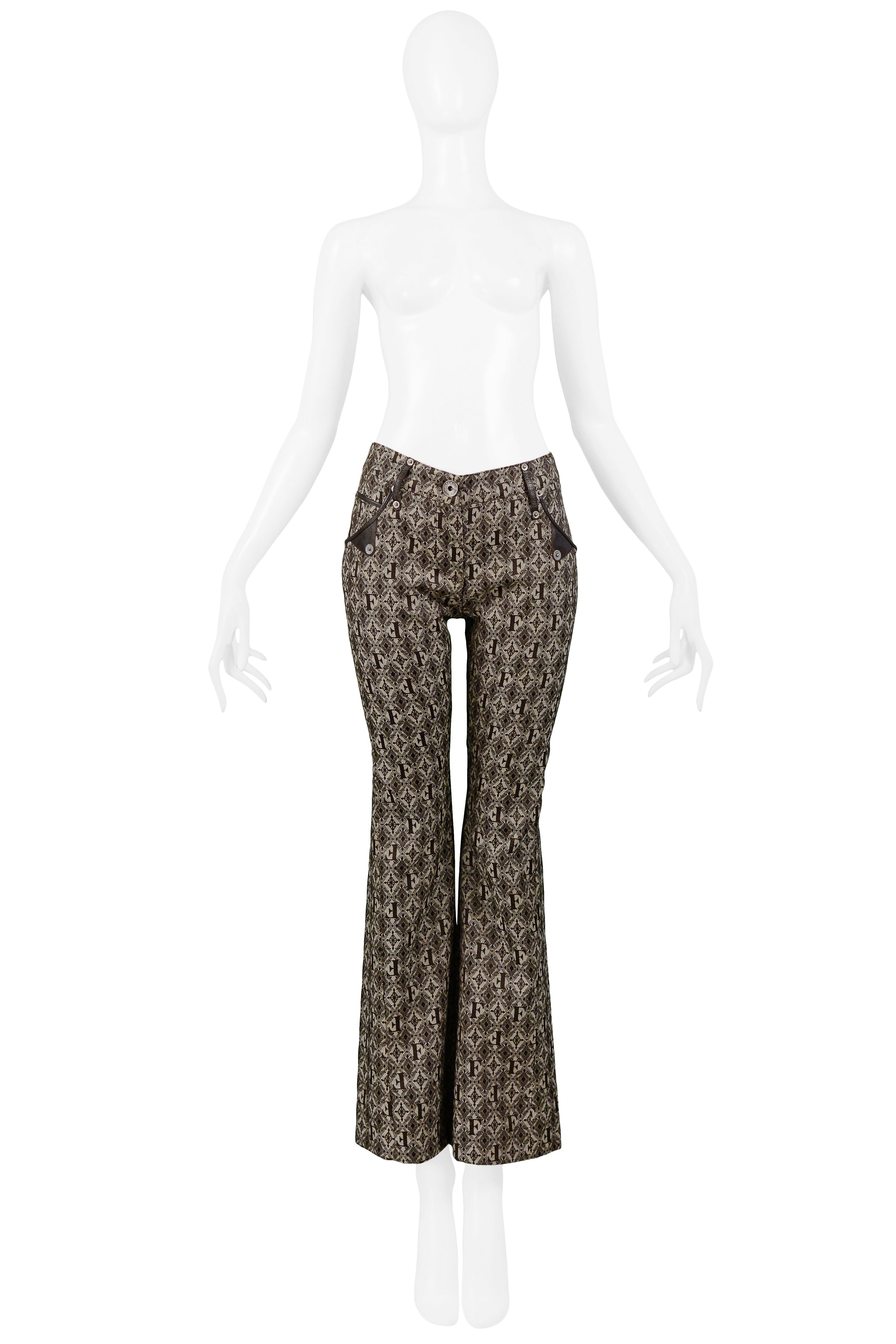 GIANFRANCO FERRE BROWN LOGO PANTS WITH LEATHER TRIM 2006