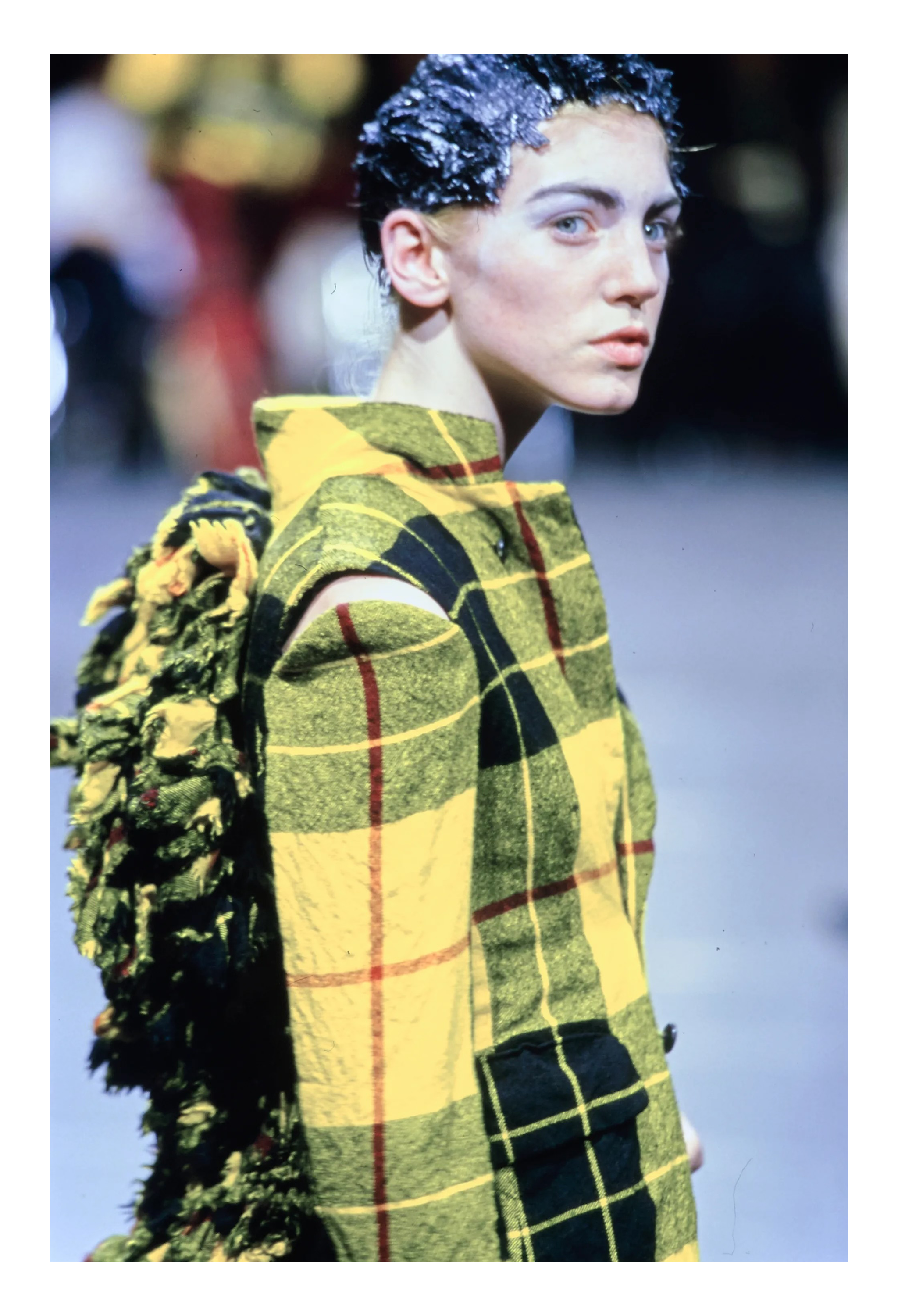 COMME DES GARCONS YELLOW RUFFLE TARTAN JACKET AND SKIRT SUIT ENSEMBLE 2000
