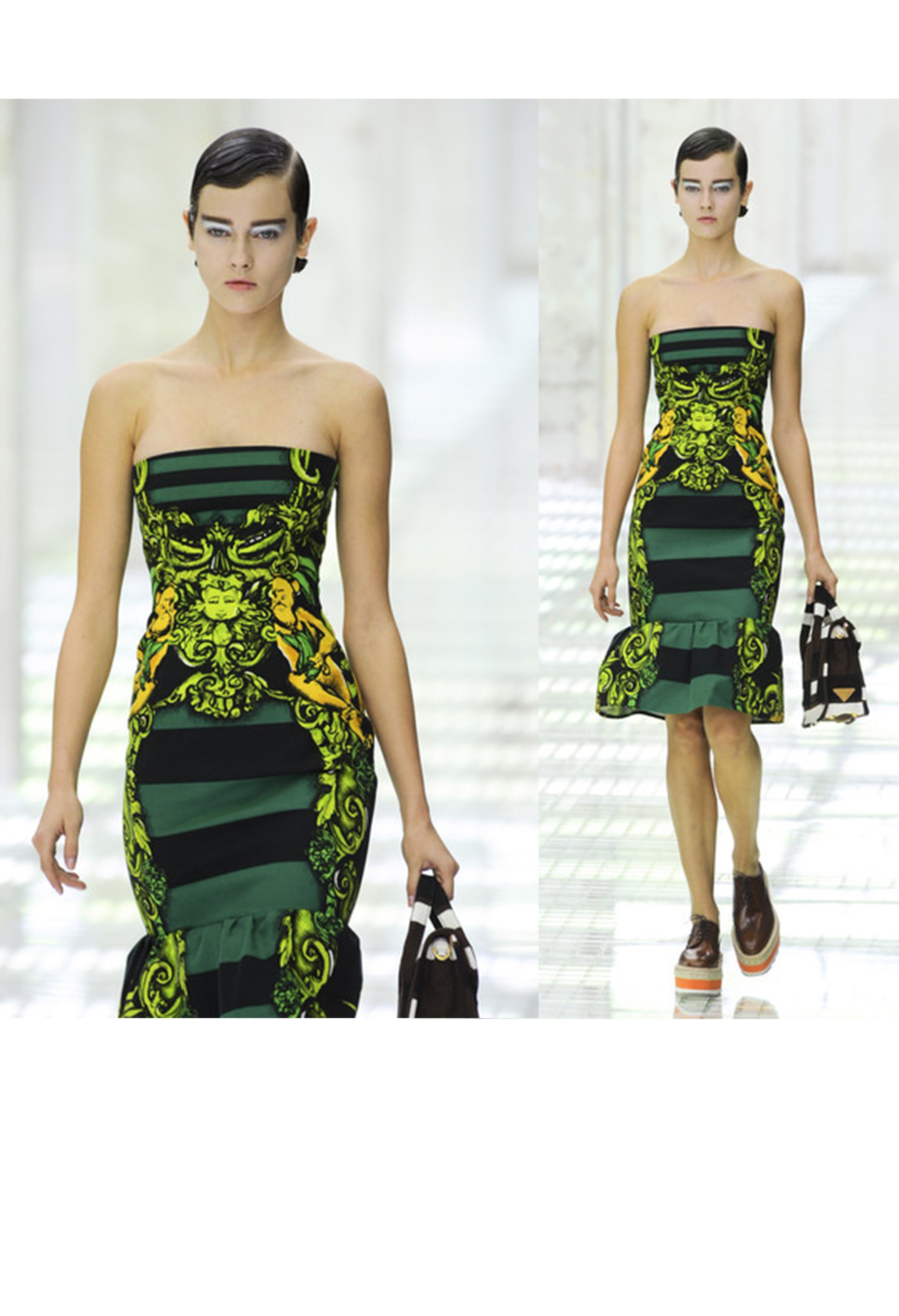 PRADA SPRING GREEN & BLACK BAROQUE DRESS WITH CHERUB PRINT 2011