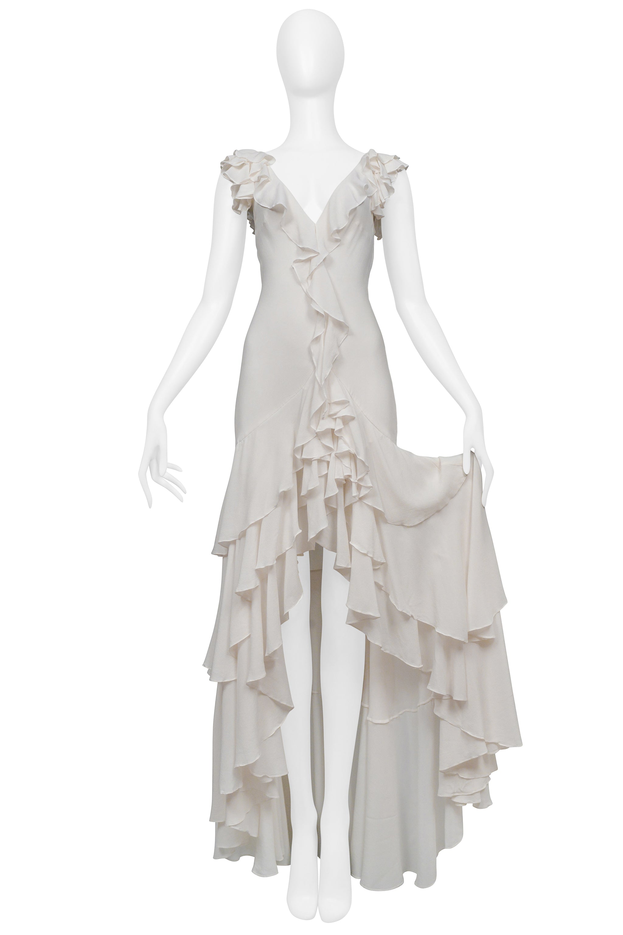 GAI MATTIOLO WHITE SILK GOWN WITH RUFFLES