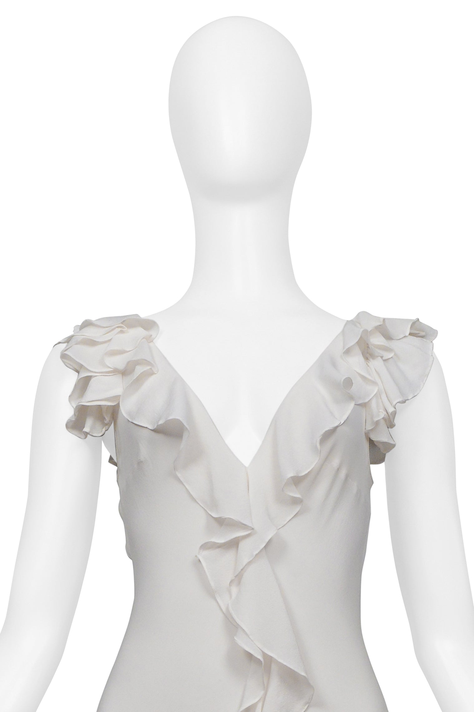 GAI MATTIOLO WHITE SILK GOWN WITH RUFFLES