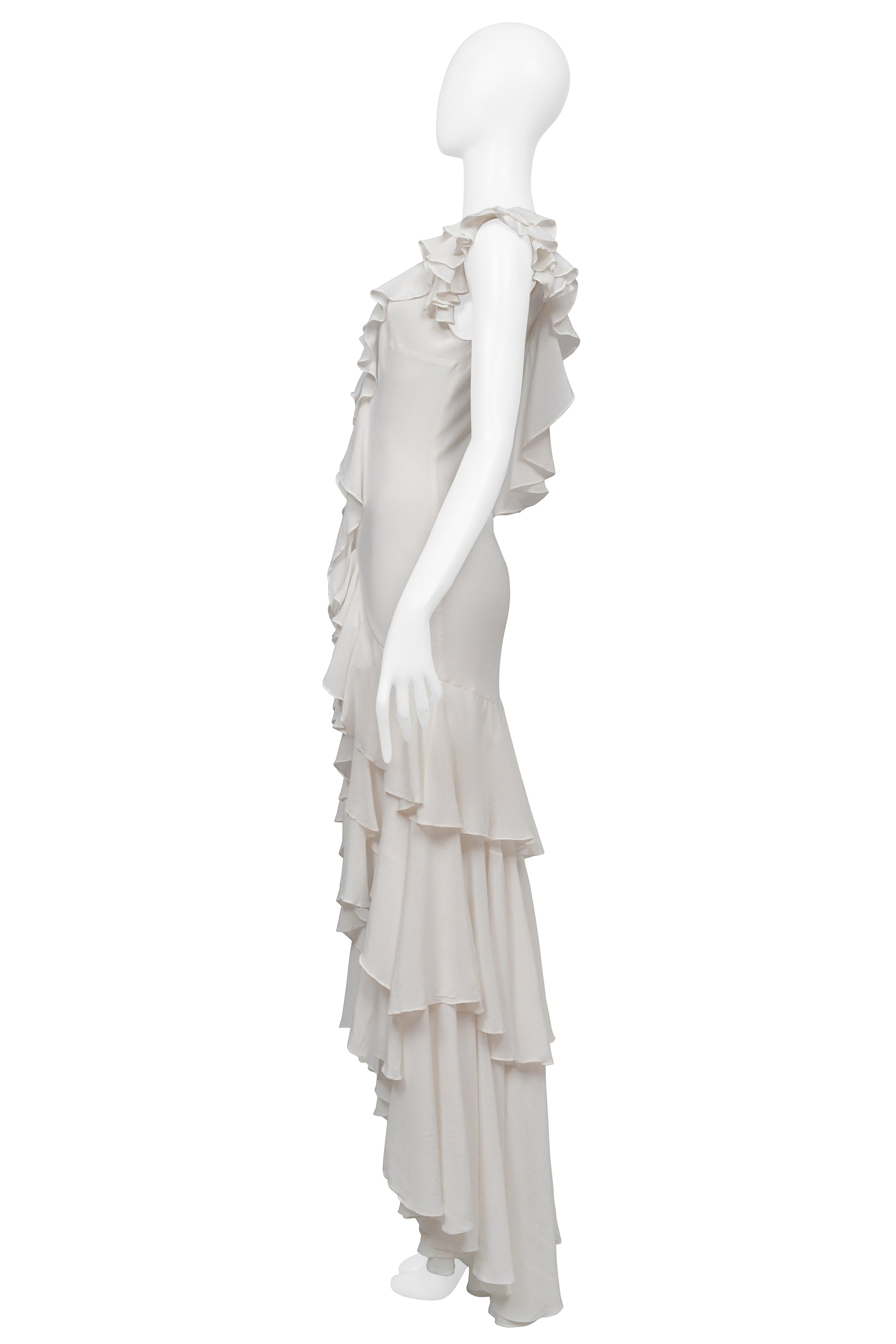 GAI MATTIOLO WHITE SILK GOWN WITH RUFFLES