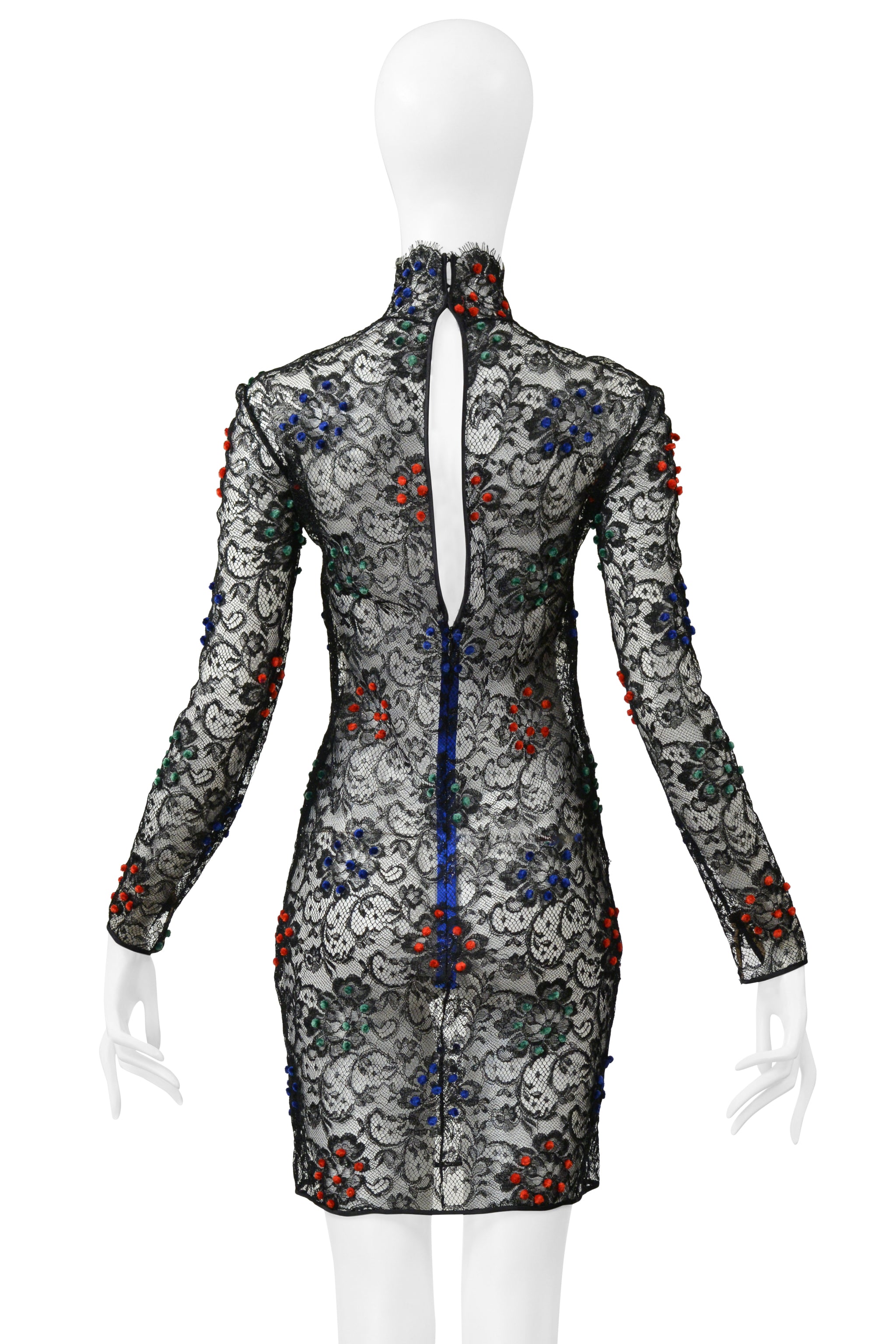 GALANOS BLACK LACE DRESS WITH RED, BLUE & GREEN VELVET POM POMS