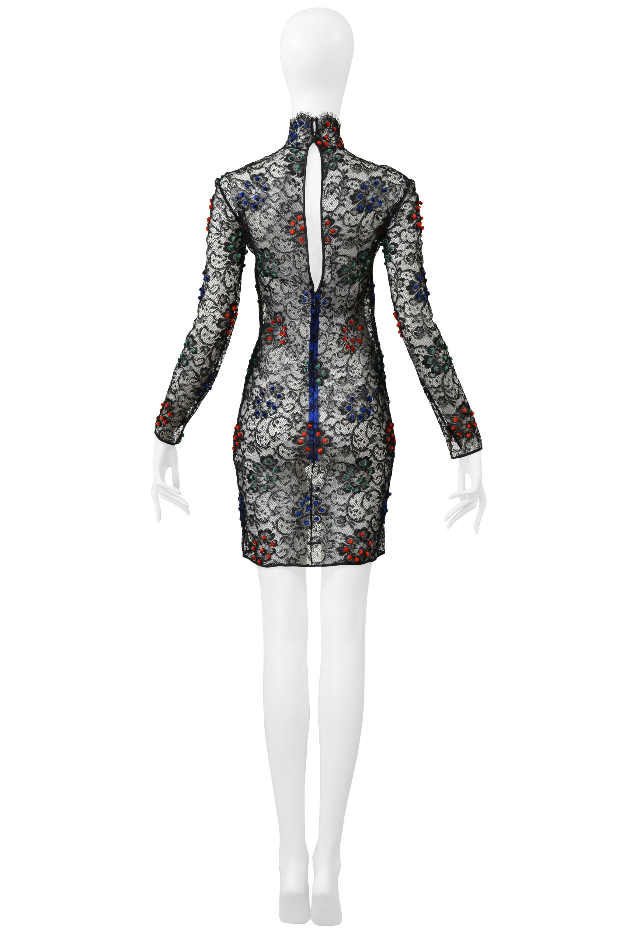 GALANOS BLACK LACE DRESS WITH RED, BLUE & GREEN VELVET POM POMS