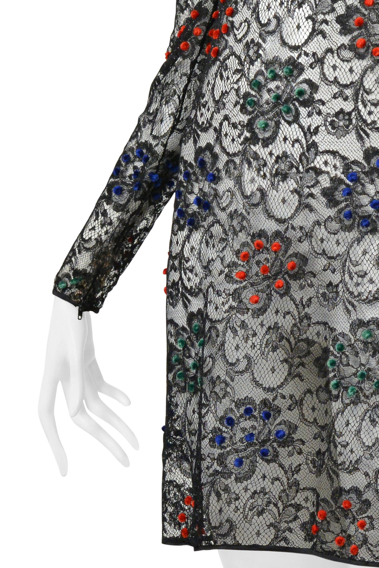 GALANOS BLACK LACE DRESS WITH RED, BLUE & GREEN VELVET POM POMS