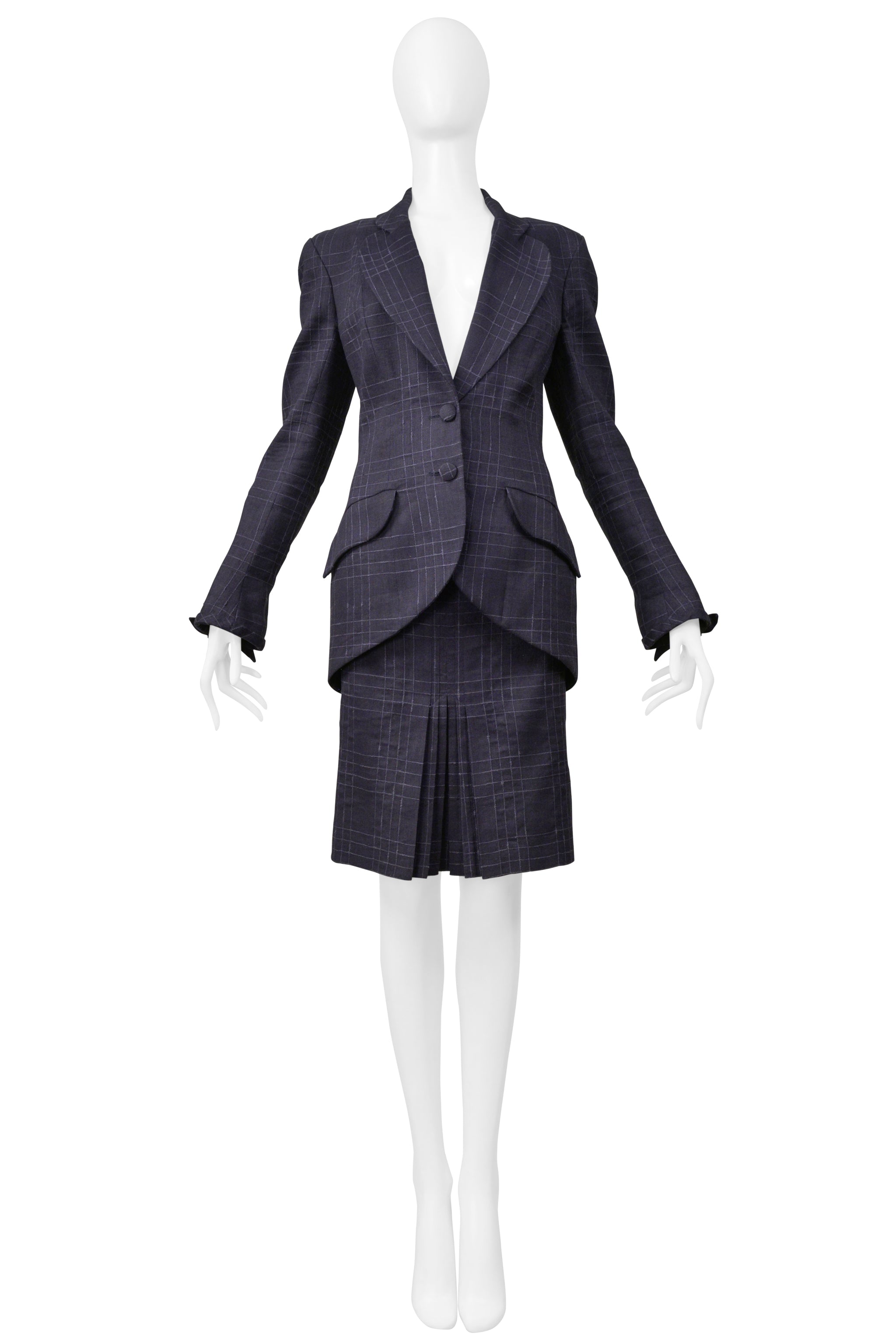 JOHN GALLIANO NAVY BLUE WINDOWPANE PLAID SKIRT SUIT 1999