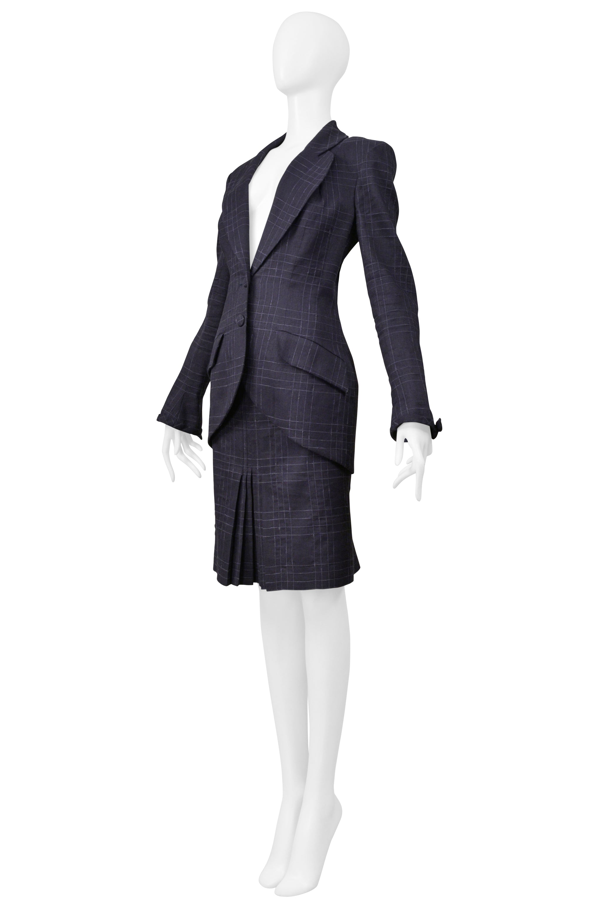 JOHN GALLIANO NAVY BLUE WINDOWPANE PLAID SKIRT SUIT 1999