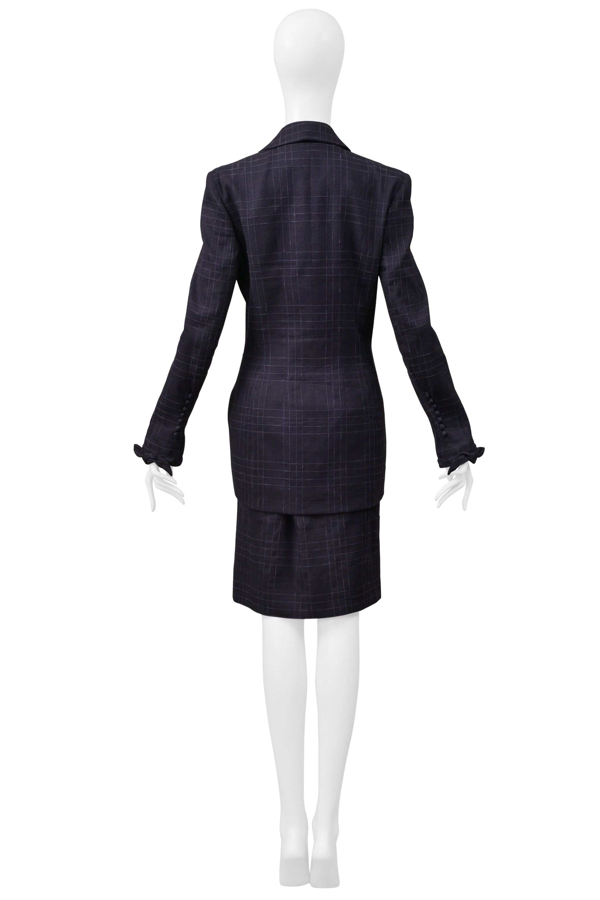 JOHN GALLIANO NAVY BLUE WINDOWPANE PLAID SKIRT SUIT 1999