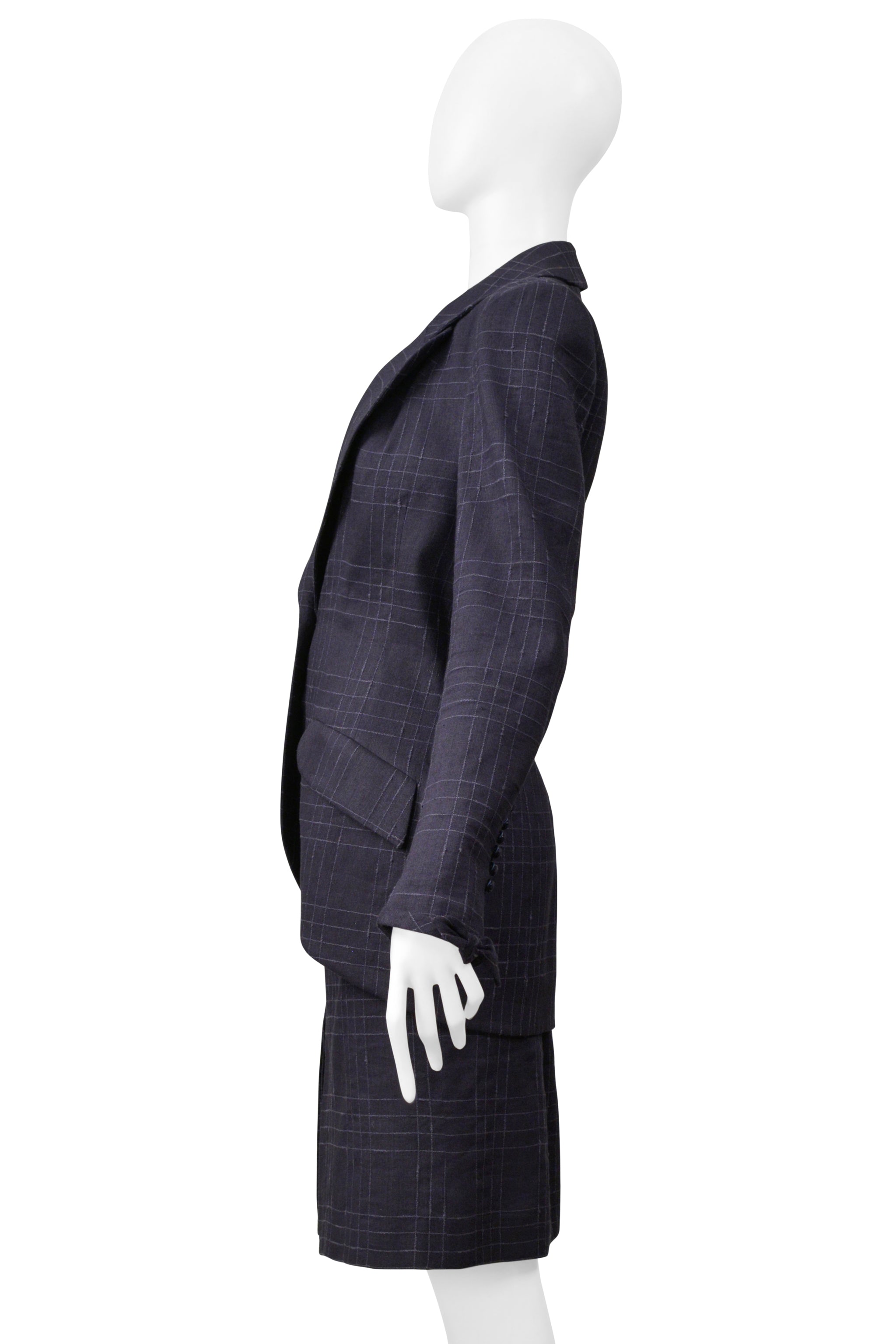 JOHN GALLIANO NAVY BLUE WINDOWPANE PLAID SKIRT SUIT 1999