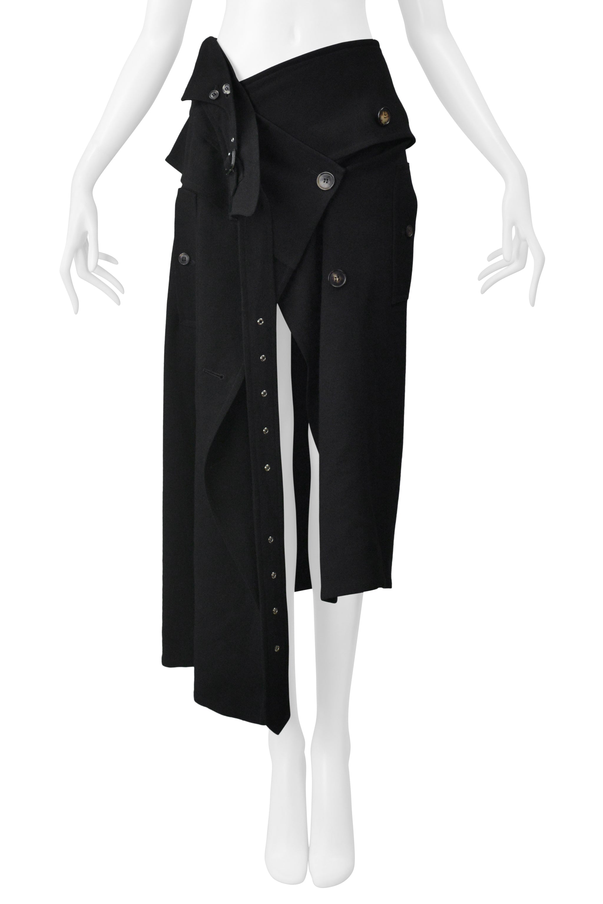 JOHN GALLIANO BLACK WOOL TRENCH WRAP SKIRT FW 1999