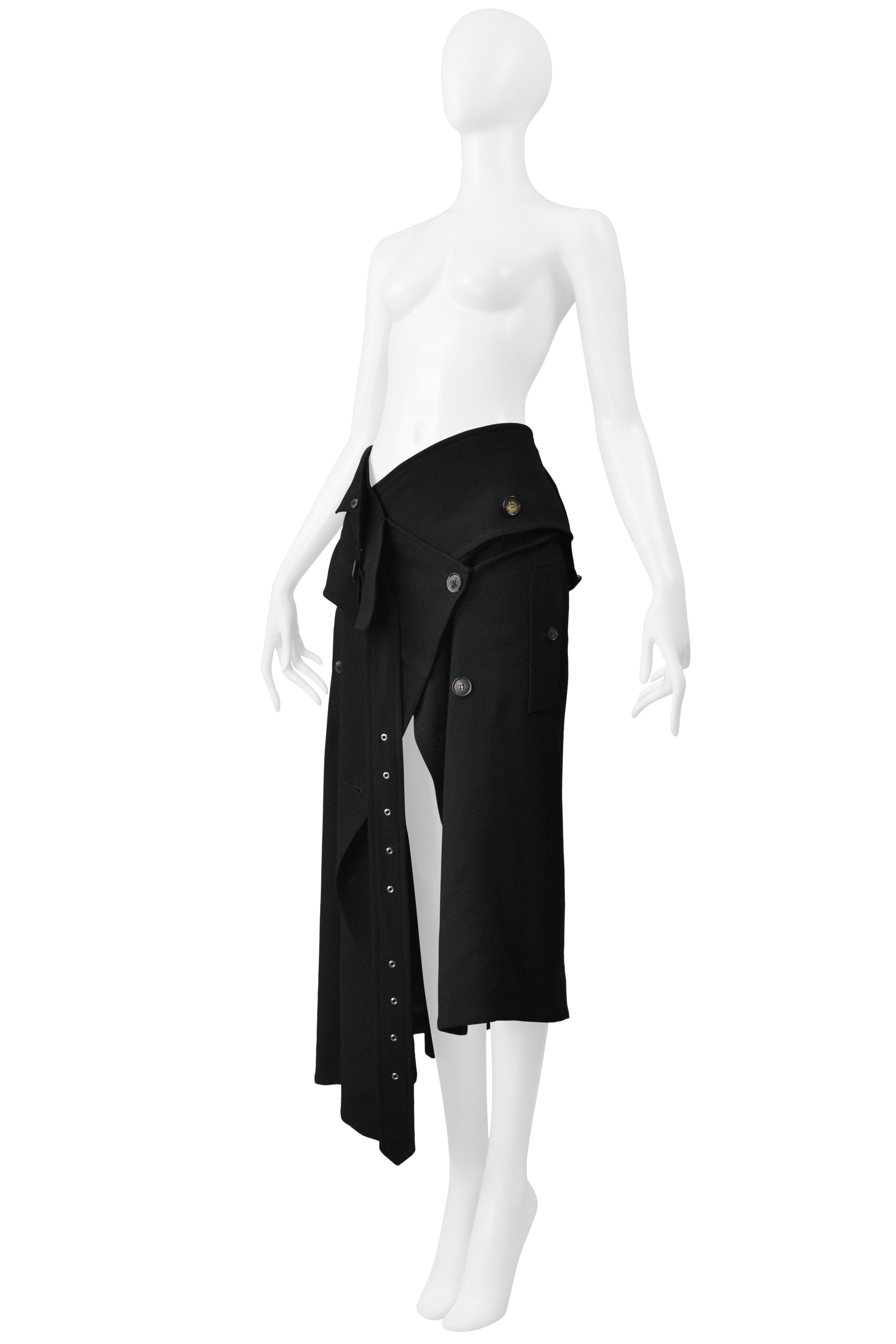 JOHN GALLIANO BLACK WOOL TRENCH WRAP SKIRT FW 1999