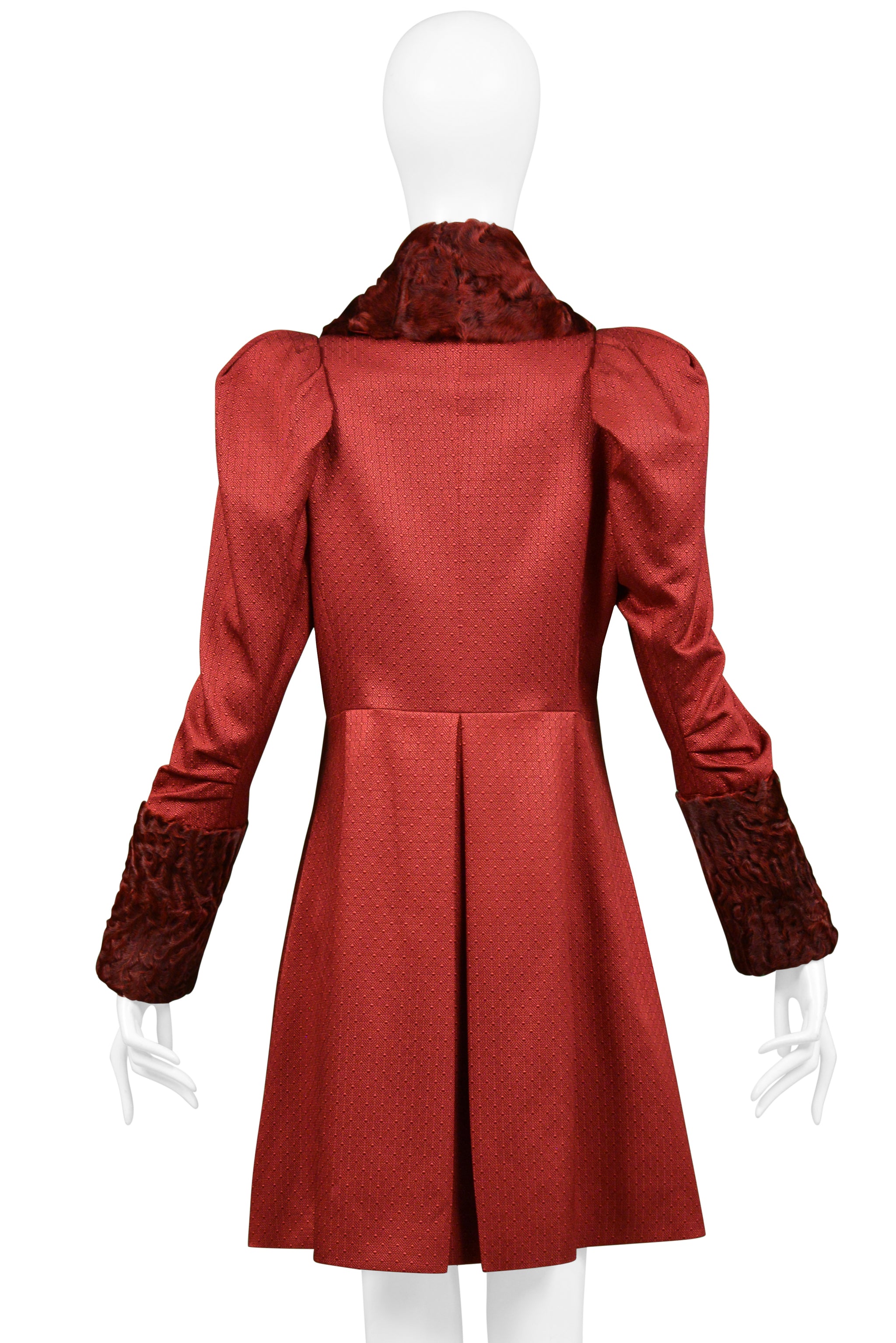 JOHN GALLIANO BURGUNDY RED COAT WITH CURLY LAMB COLLAR AND CUFFS 2007