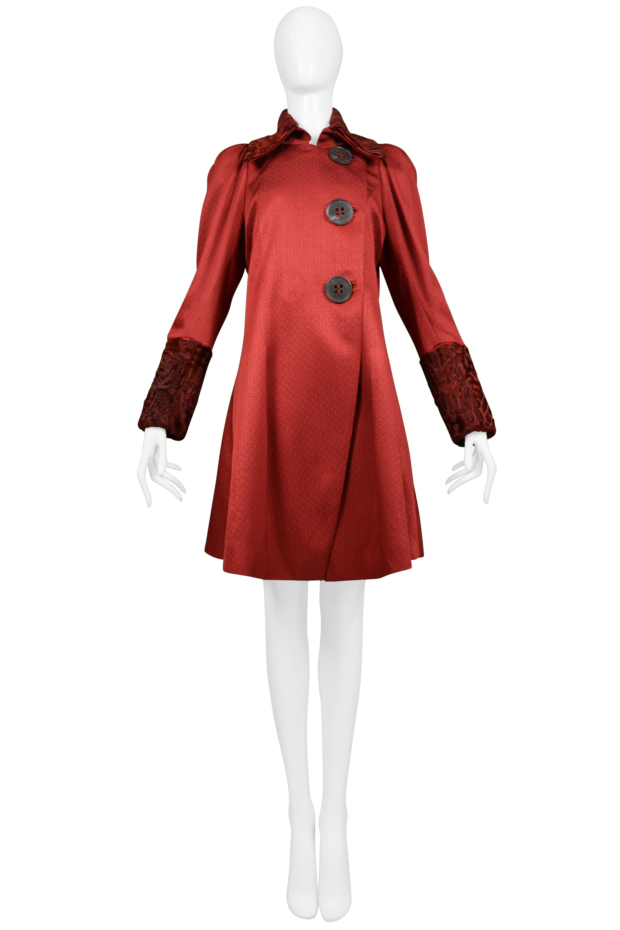 JOHN GALLIANO BURGUNDY RED COAT WITH CURLY LAMB COLLAR AND CUFFS 2007