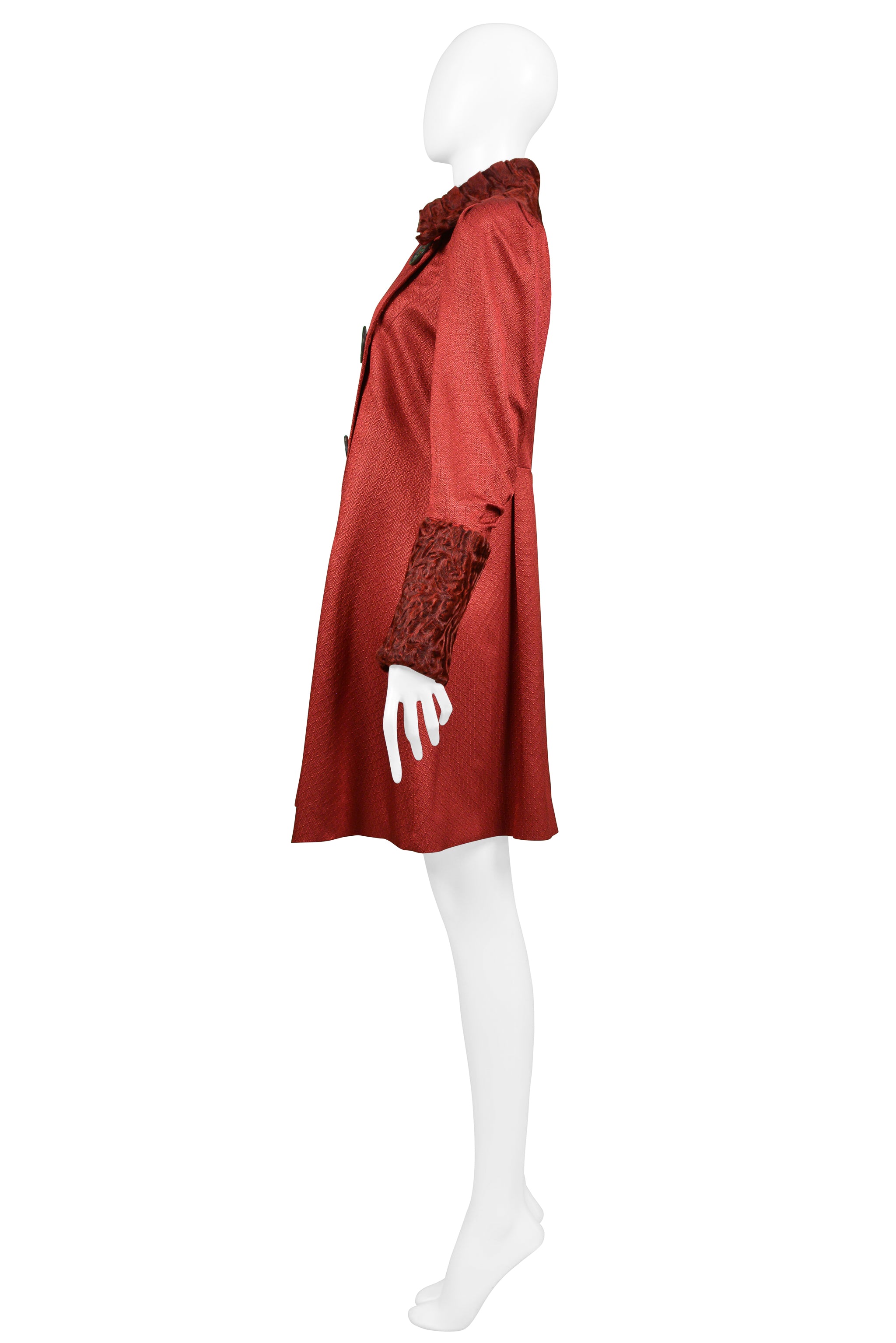 JOHN GALLIANO BURGUNDY RED COAT WITH CURLY LAMB COLLAR AND CUFFS 2007