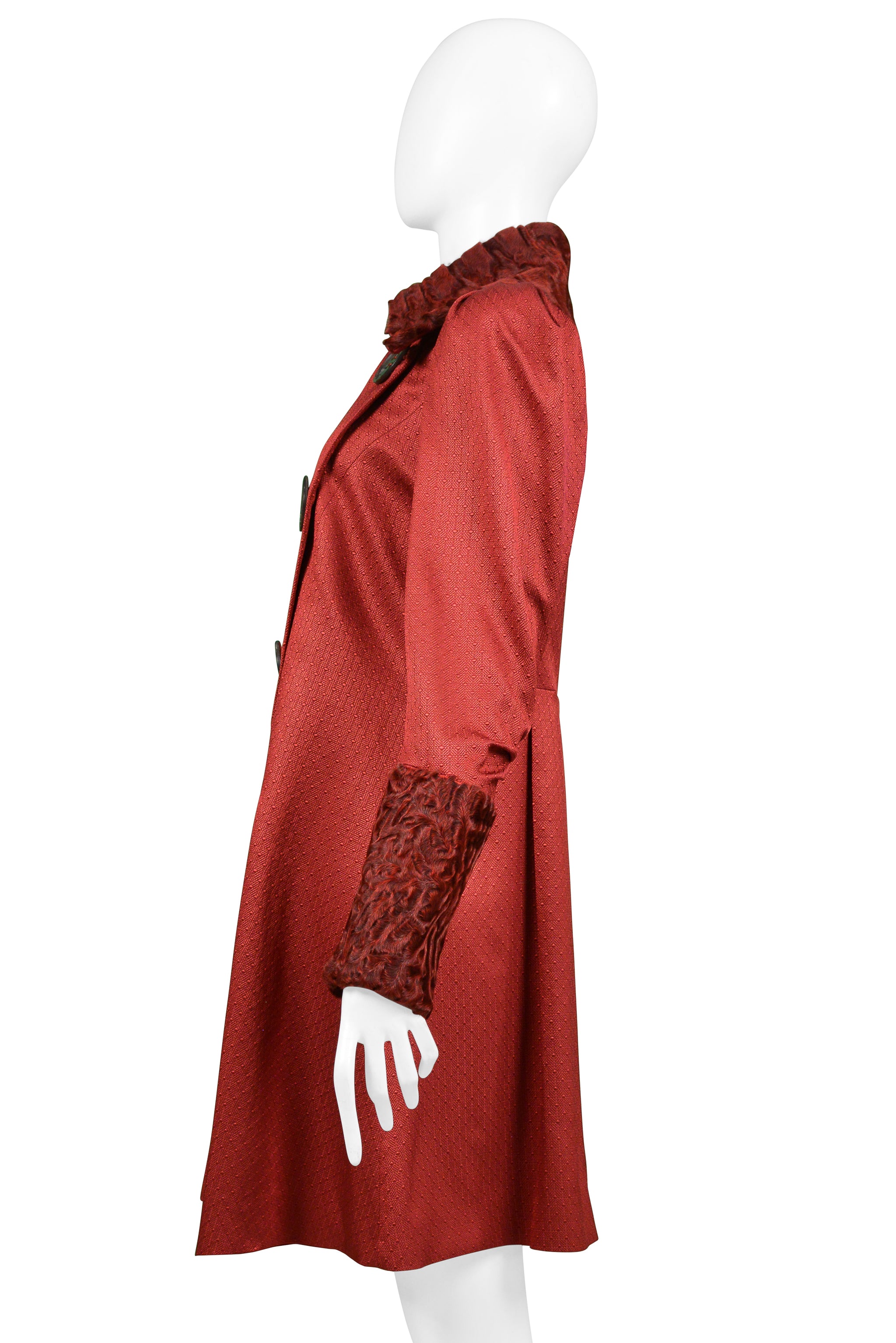 JOHN GALLIANO BURGUNDY RED COAT WITH CURLY LAMB COLLAR AND CUFFS 2007