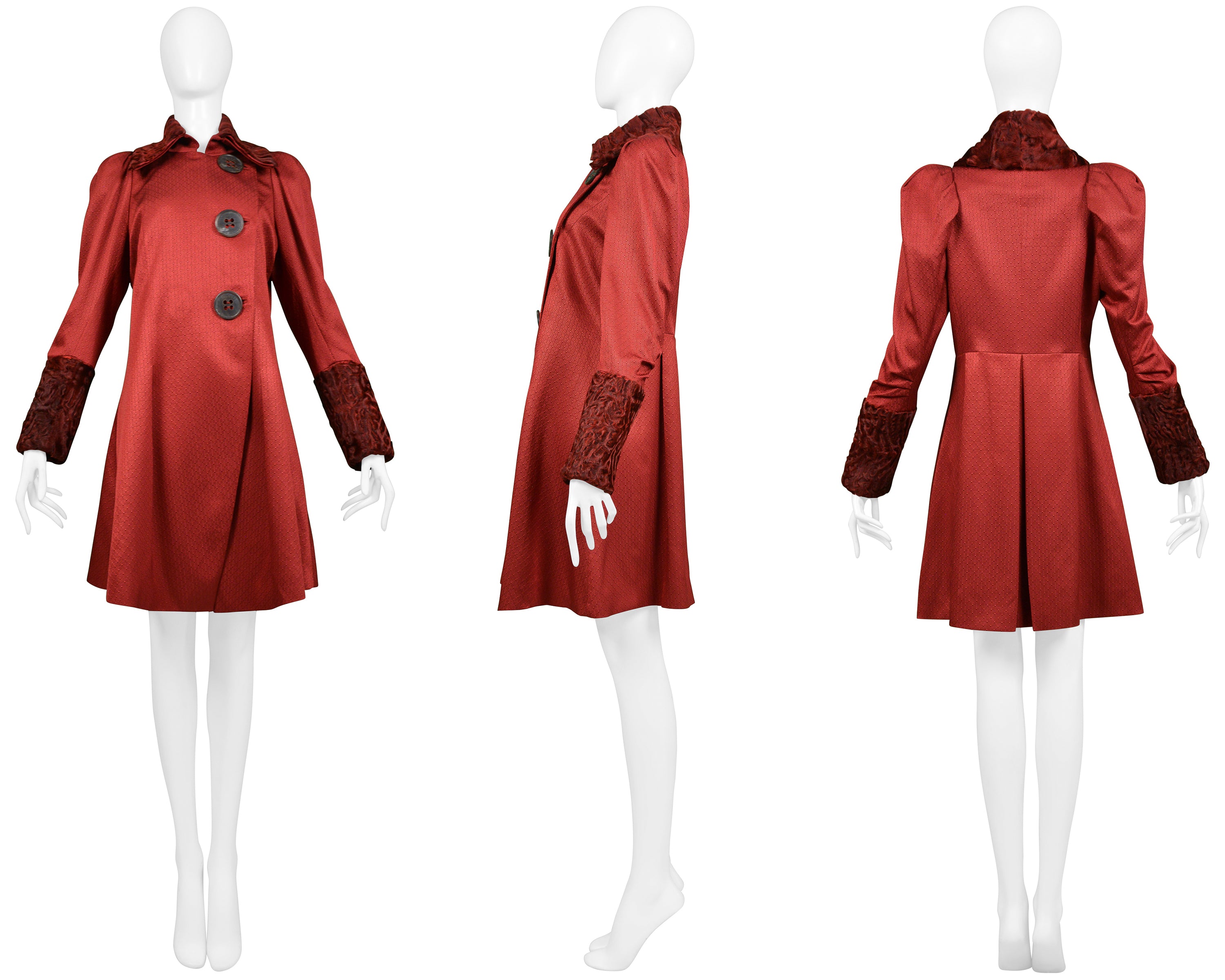 JOHN GALLIANO BURGUNDY RED COAT WITH CURLY LAMB COLLAR AND CUFFS 2007