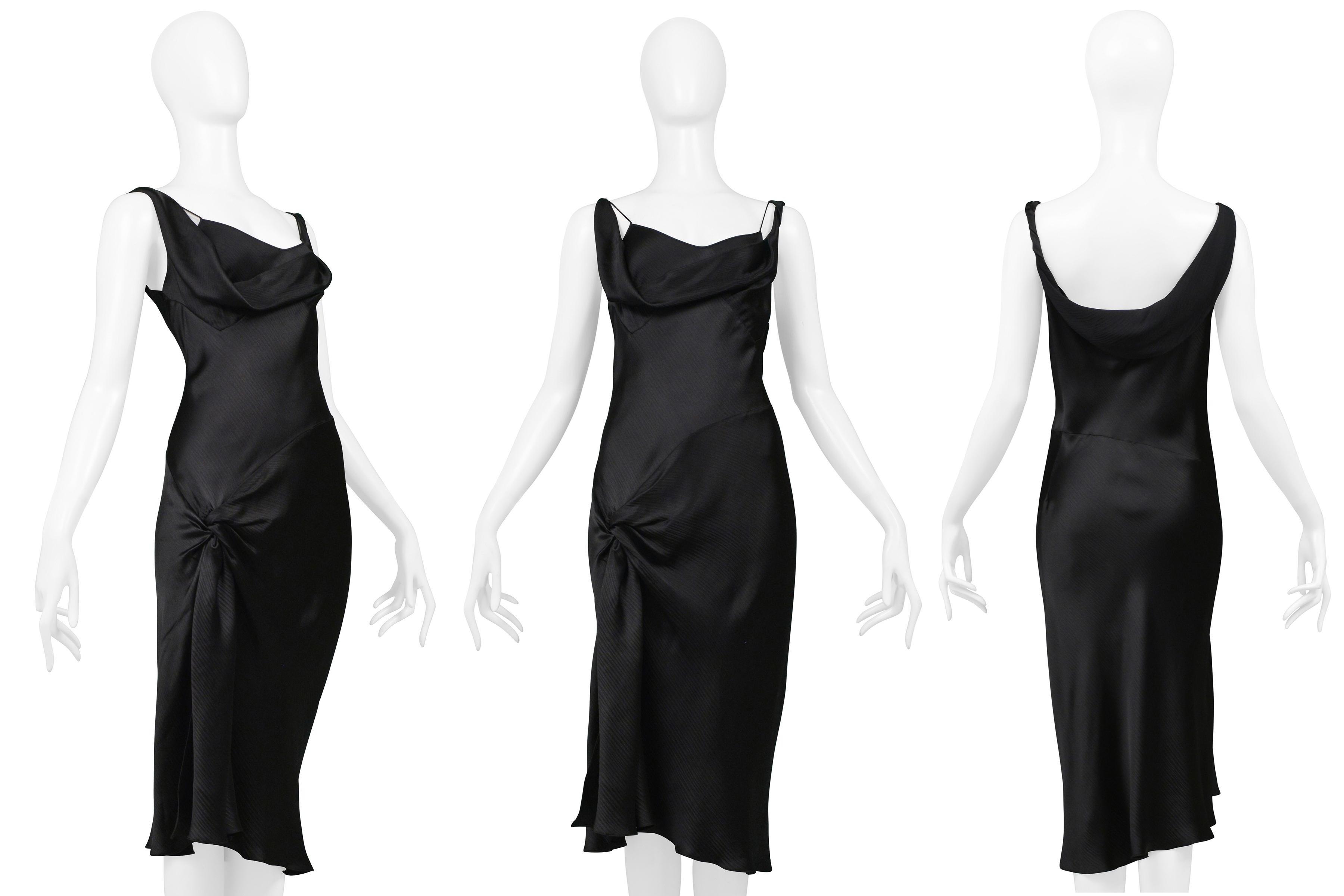 JOHN GALLIANO BLACK SATIN SLIP DRESS WITH HIP KNOT AND SLIT
