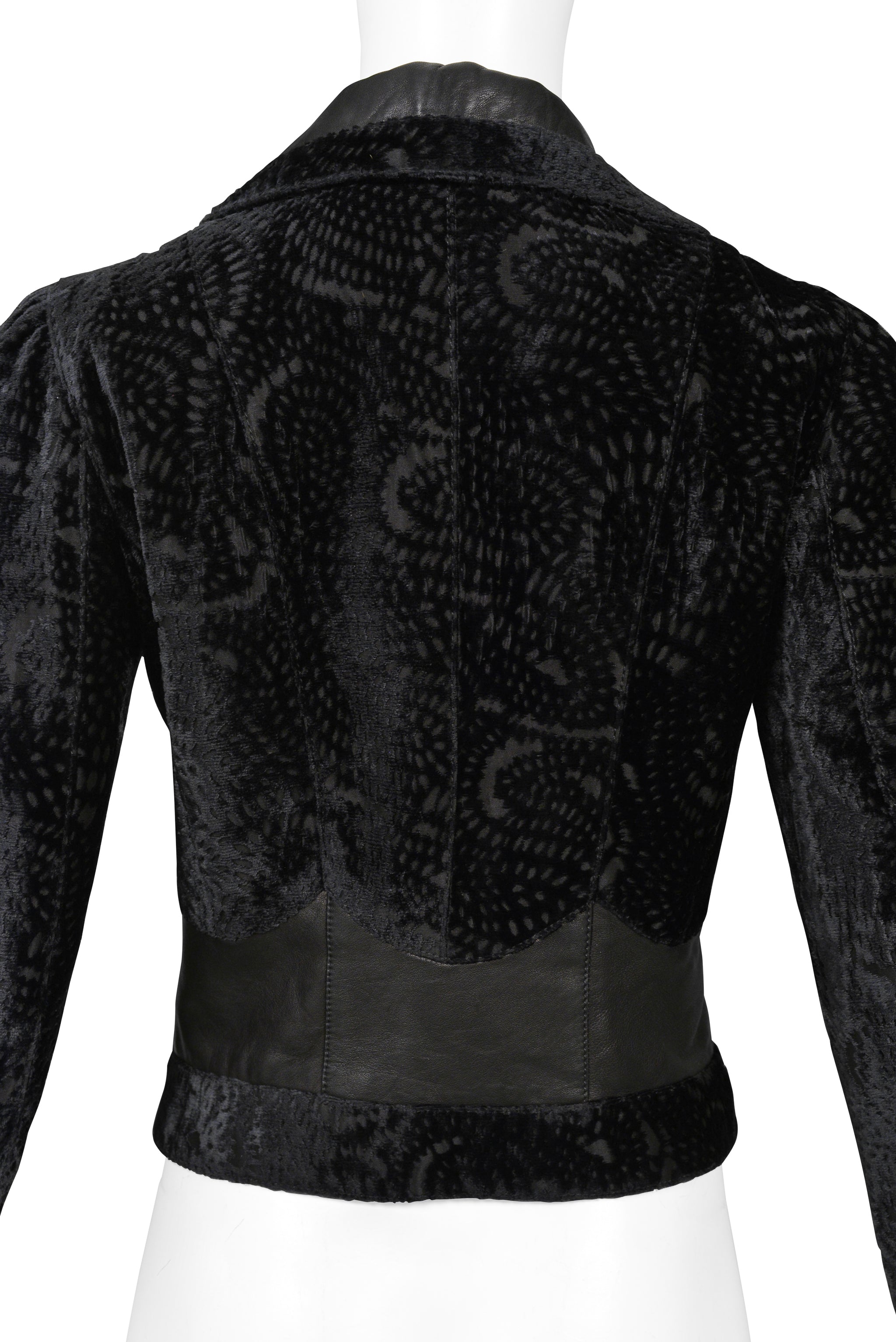 JOHN GALLIANO BLACK FLORAL SILK VELVET JACKET WITH LEATHER INSETS 2005