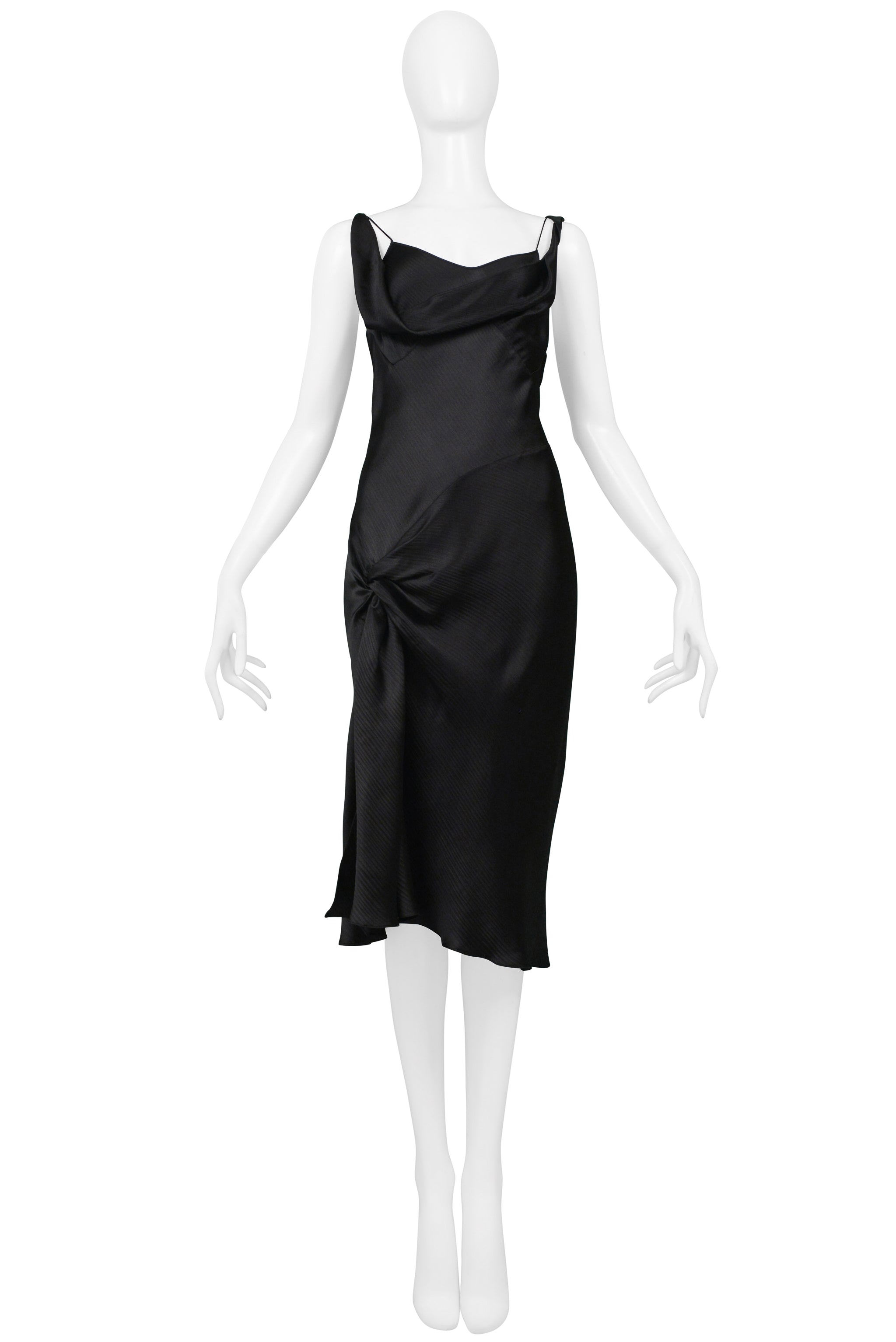 JOHN GALLIANO BLACK SATIN SLIP DRESS WITH HIP KNOT AND SLIT