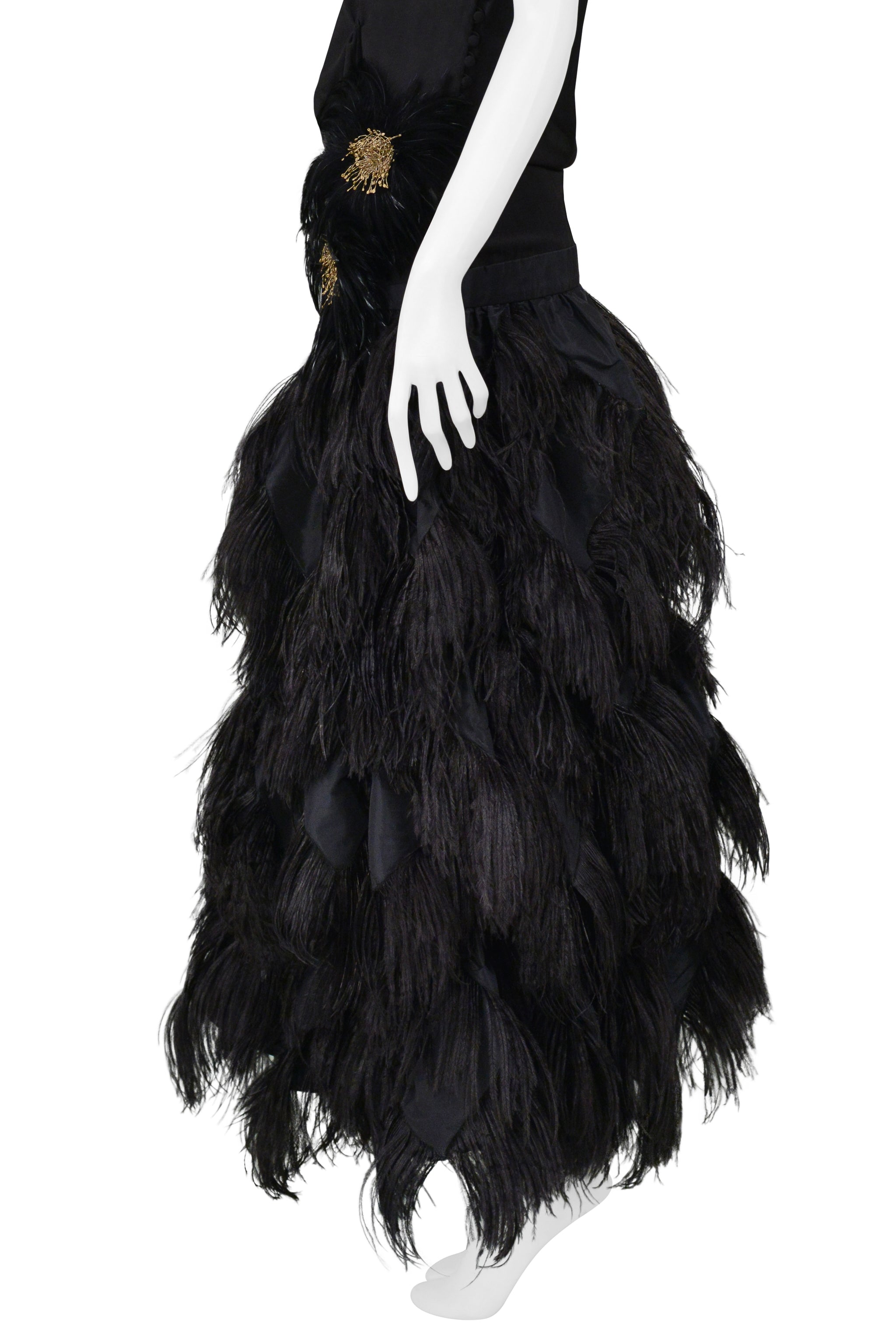 JOHN GALLIANO BLACK RUNWAY GOWN WITH FEATHER BALL GOWN SKIRT 2008