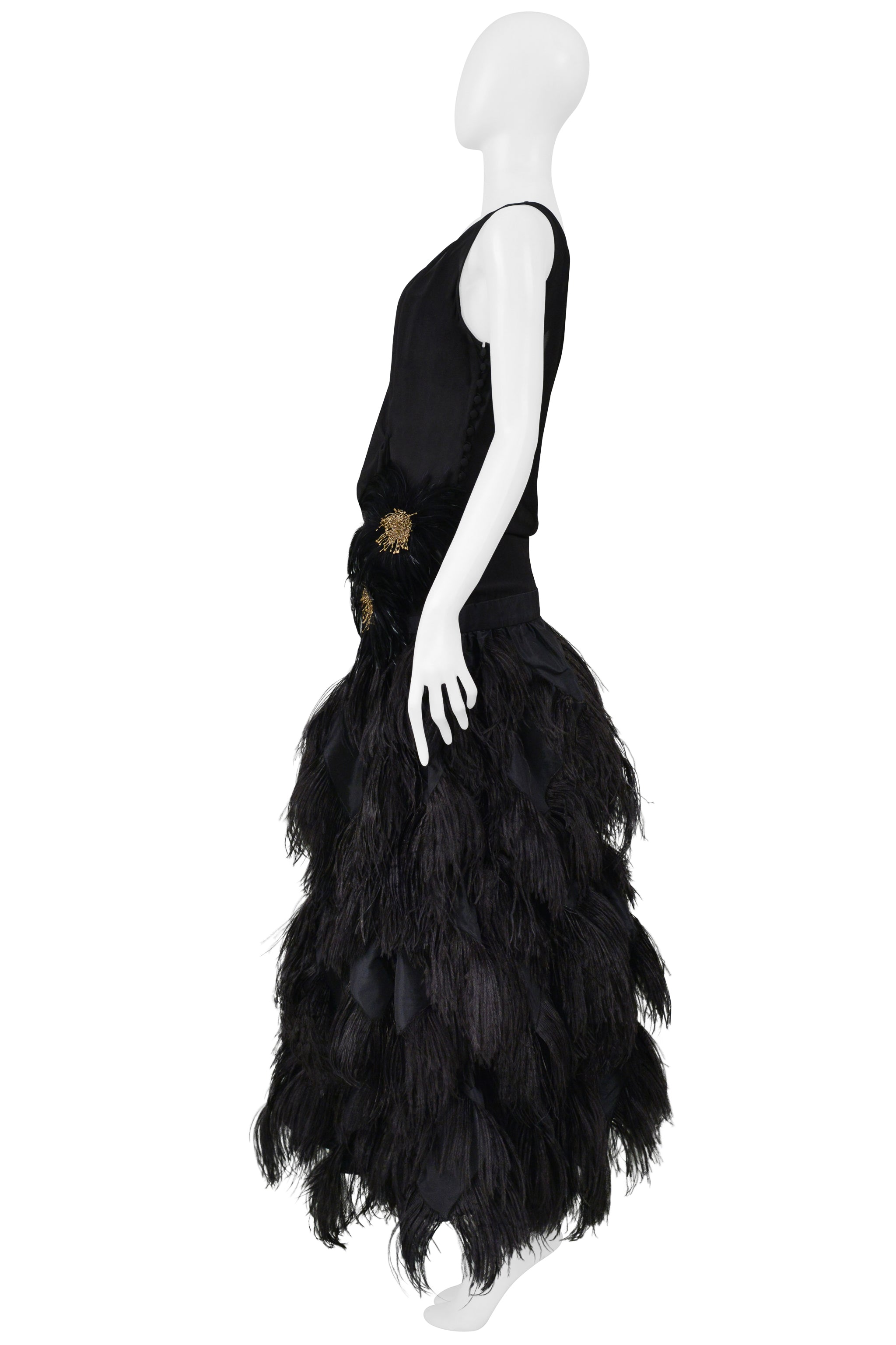 JOHN GALLIANO BLACK RUNWAY GOWN WITH FEATHER BALL GOWN SKIRT 2008