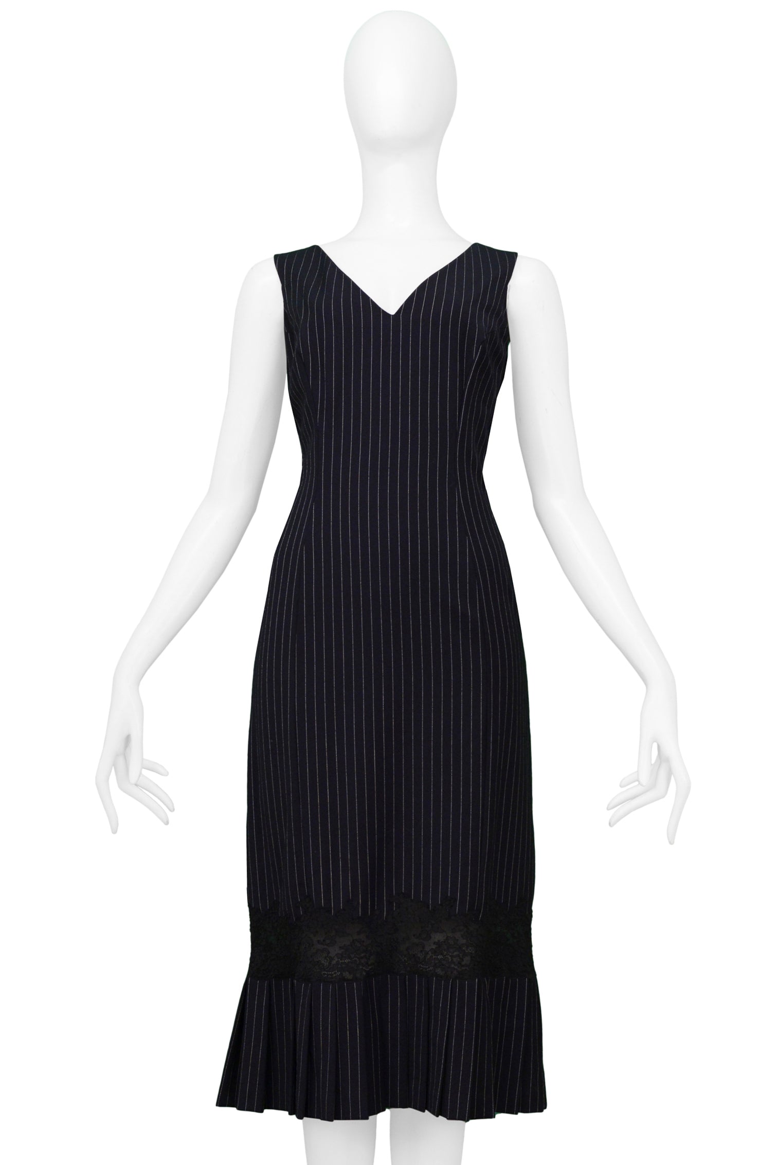 JOHN GALLIANO NAVY PINSTRIPE DRESS WITH LACE INSET