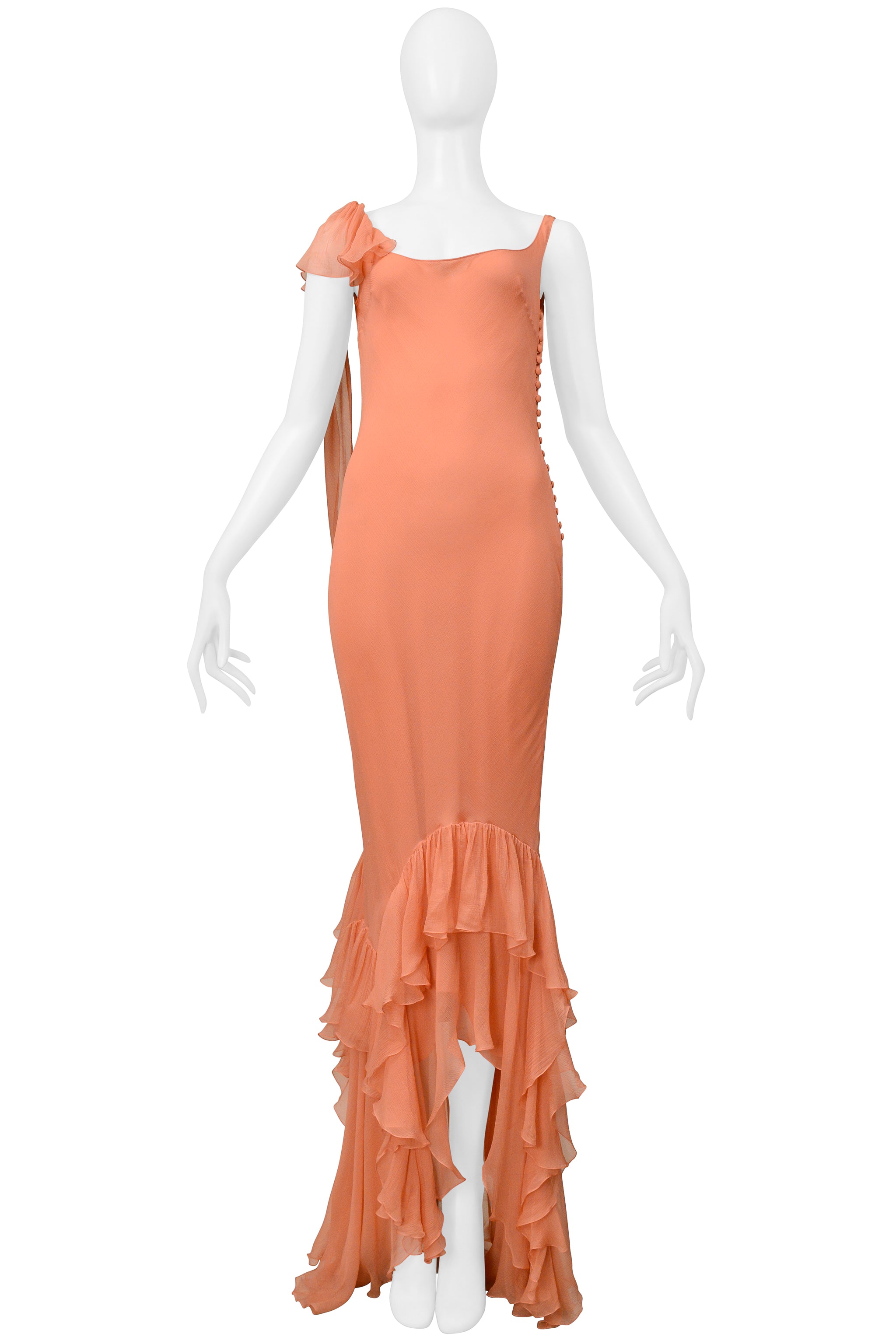 JOHN GALLIANO PEACH CHIFFON EVENING GOWN WITH RUFFLES 2000S